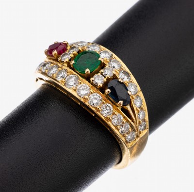 Image 18 kt Gold Farbstein-Brillant-Ring, GG 750/000, ovalfacett. Rubin, Smaragd und Saphir ...