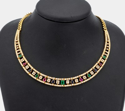 Image 18 kt Gold Farbstein-Brillant-Collier, GG 750/000, 5 Smaragde, 4 Rubine und 4 Saphire ...