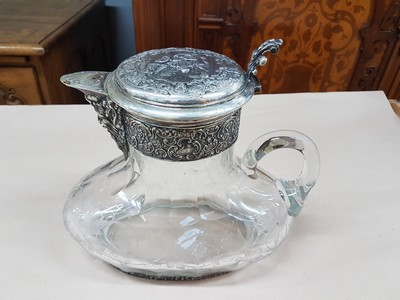 26953181a - Weinkrug mit Silbermontur, deutsch, Ende 19. Jh., 800er, Glaskorpus geschliffen, Dekor ...