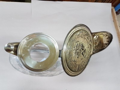 26953181d - Weinkrug mit Silbermontur, deutsch, Ende 19. Jh., 800er, Glaskorpus geschliffen, Dekor ...
