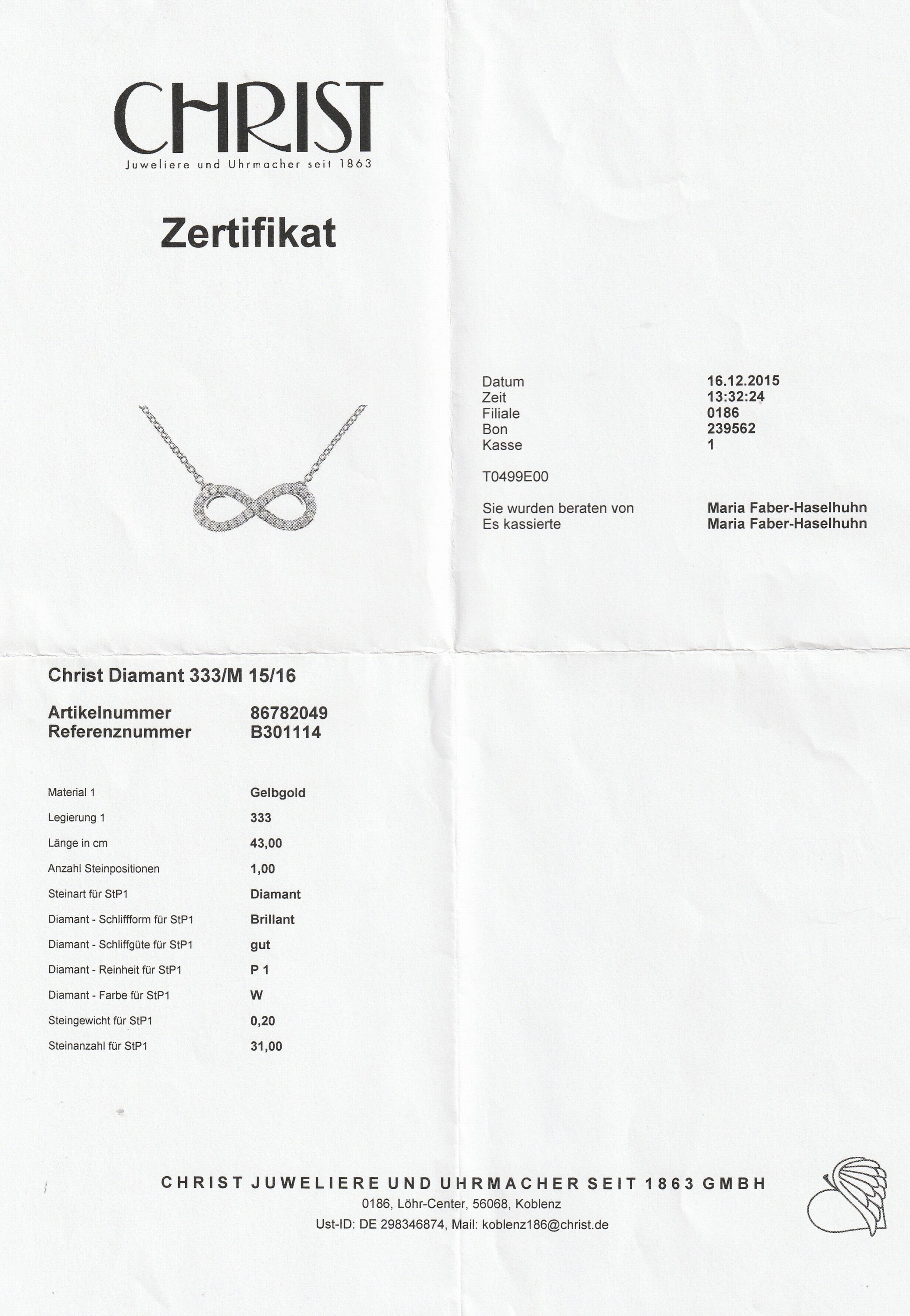 Detail a: 8 kt Gold CHRIST Brillant-Collier, GG 333/000, "endlos Zeichen" bes. mit 31 Brillanten zus. ca. 0.20 ct Weiß/p, L. ca. 43 cm, ...
