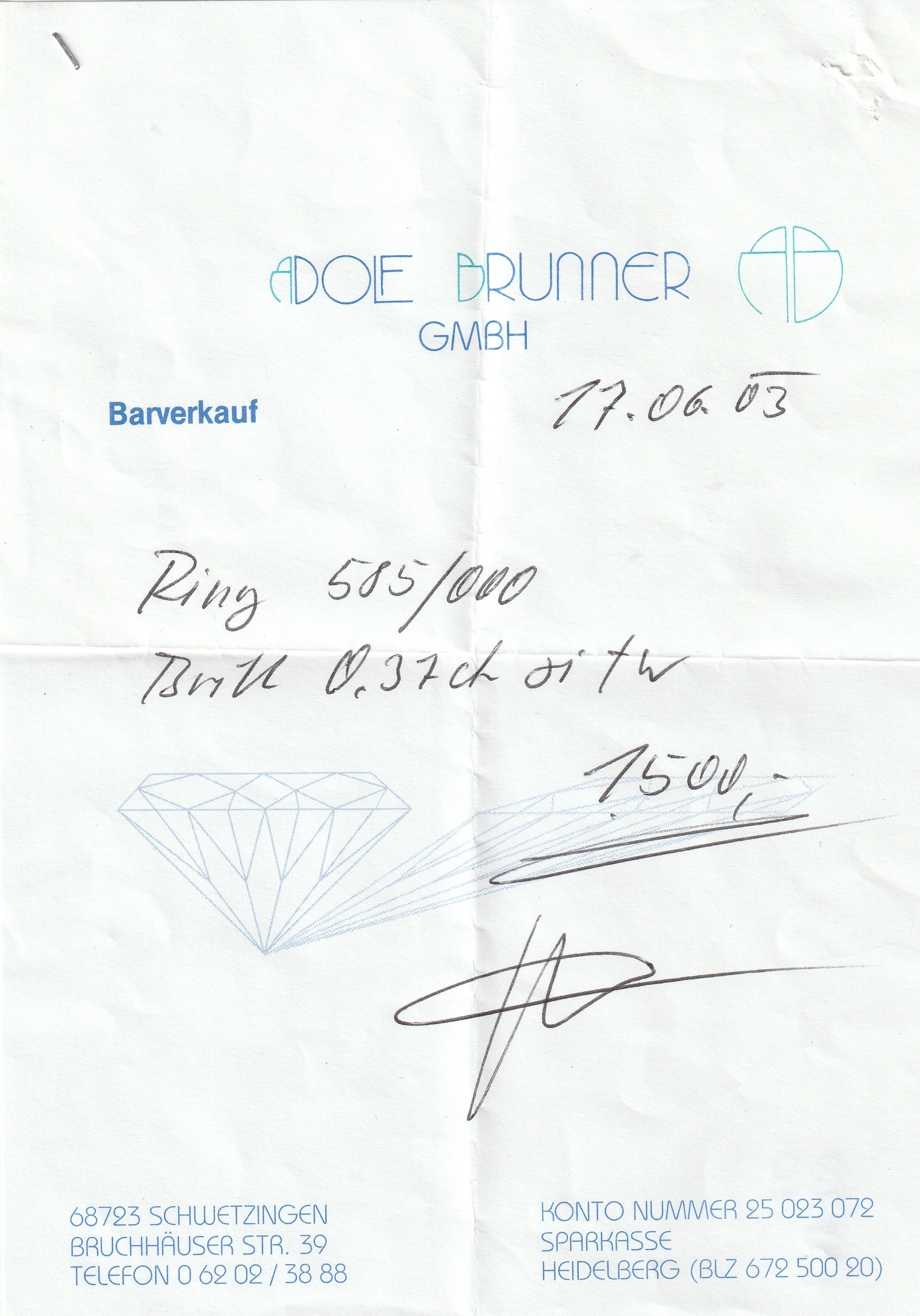 Detail e: 14 kt Gold ODENWALD Brillant-Ring, GG 585/000, mittig und vs. bes. mit 12 Brillantenzus. ca. 0.37 ct feines Weiß/si, RW 54, ca. 18.3 g, Rechnung ...