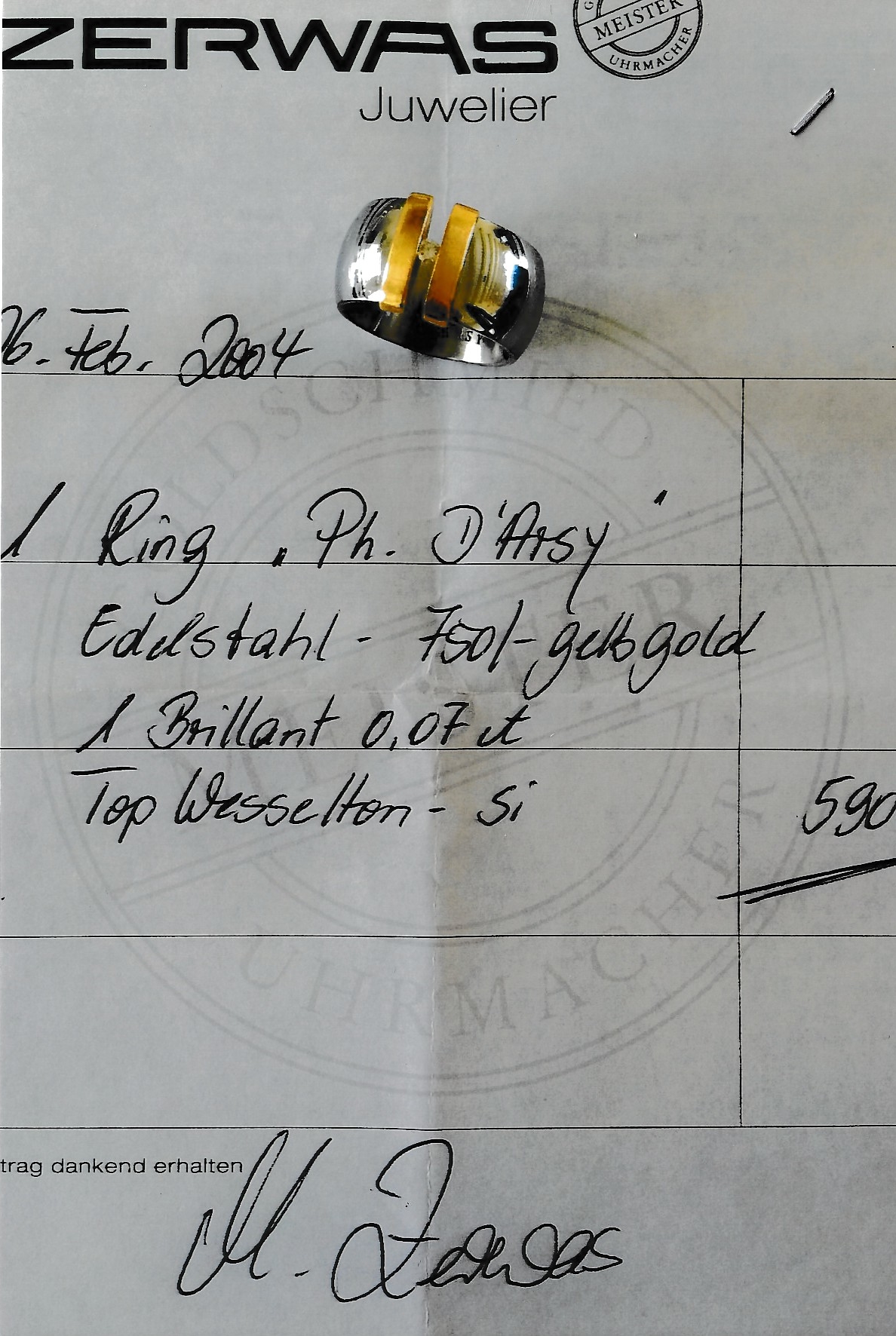Detail b: 18 kt Gold und Edelstahl D'ARSY Brillant-Ring, GG 750/000, Spannringoptik, Brillant ca. 0.07 ct feines Weiß/si, Ringschiene Edelstahl,RW 56, ...