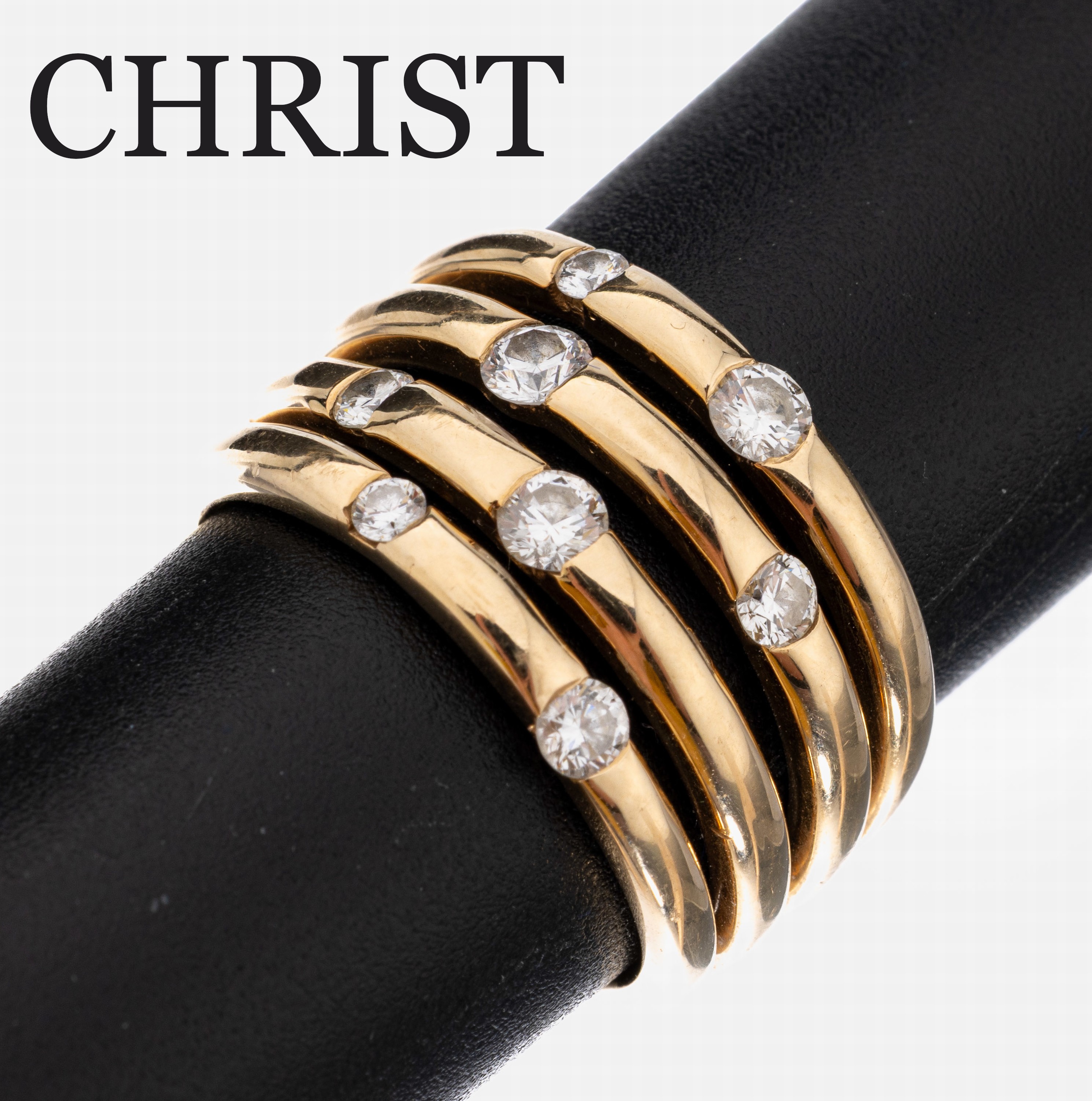 14 kt Gold CHRIST Brillant-Ring, GG 585/000, 4-rhg., bes. mit 8 Brillanten zus. ca. 0.70 ct Weiß/si, RW 56, ca. 11.8 g, Zertifikat anbei
