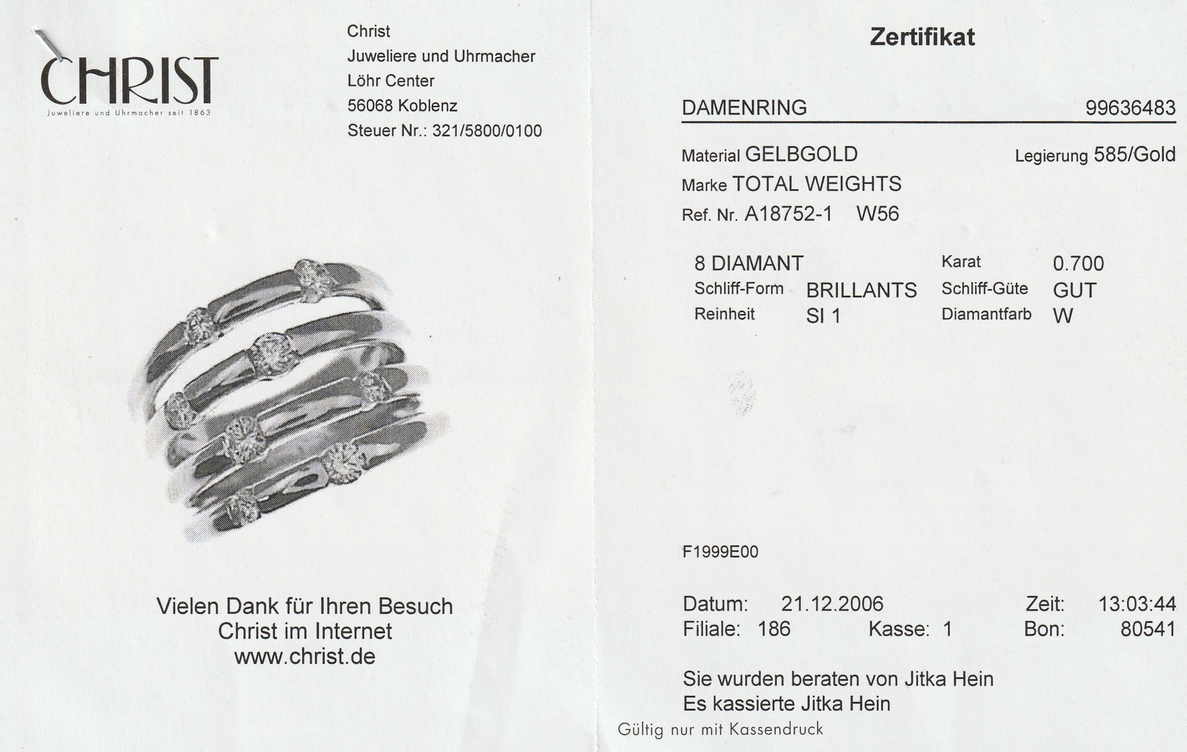 Detail d: 14 kt Gold CHRIST Brillant-Ring, GG 585/000, 4-rhg., bes. mit 8 Brillanten zus. ca. 0.70 ct Weiß/si, RW 56, ca. 11.8 g, Zertifikat anbei
