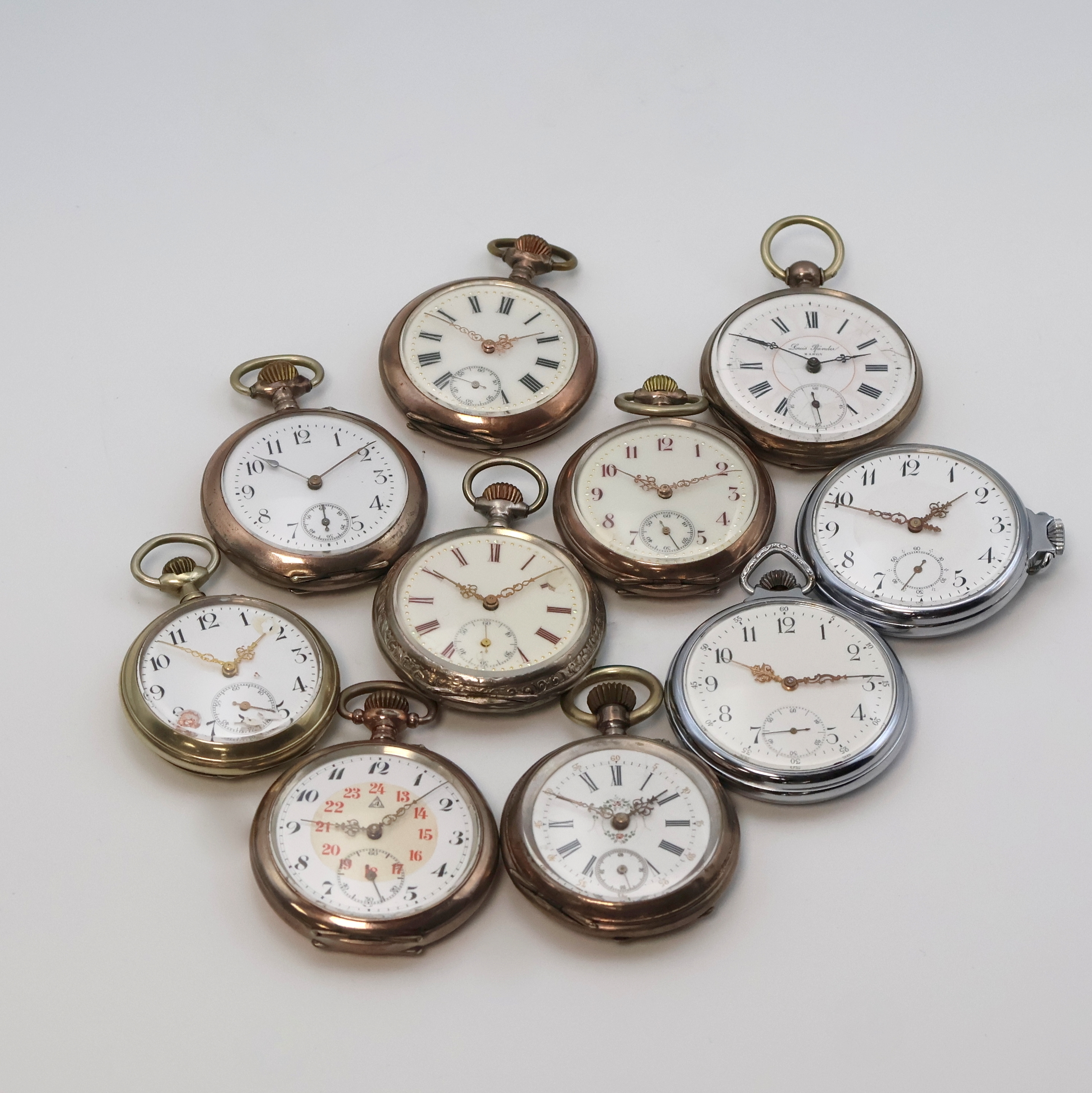 Konvolut 10 offene Taschenuhren, Schweiz um 1870 - 1920, 9 x Kronenaufzug, 1 x Schlüsselaufzug, 7 Silbergeh. teils guill., teils floral grav., 2 ...