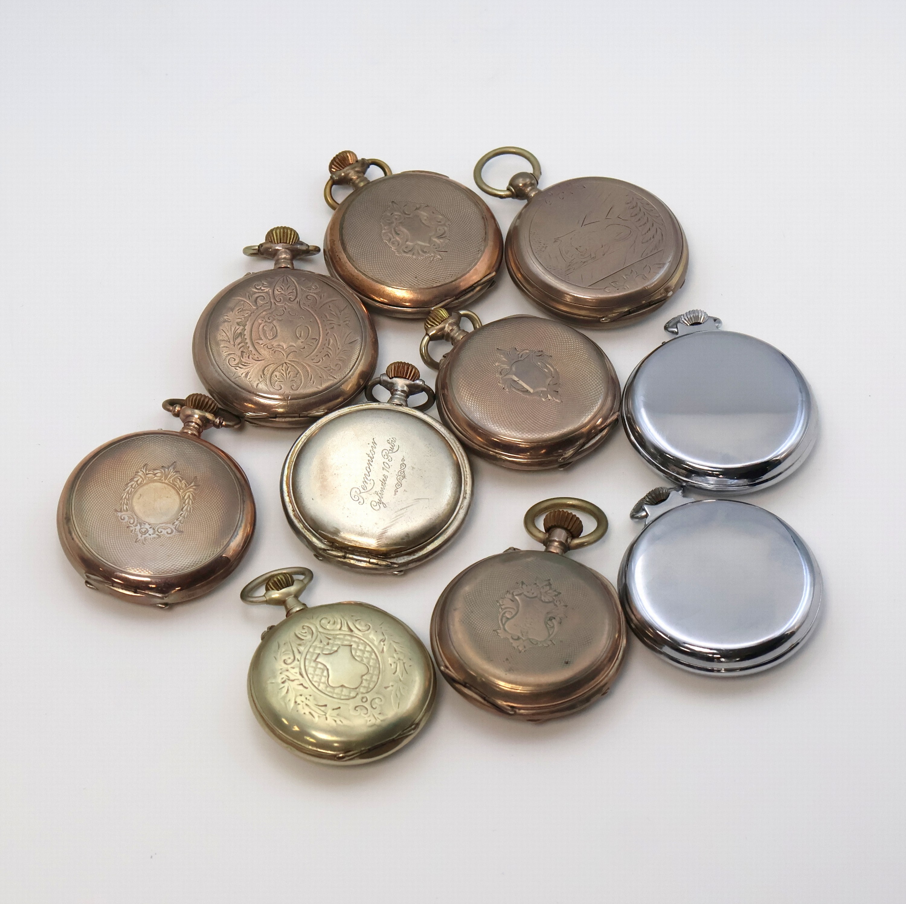 Detail a: Konvolut 10 offene Taschenuhren, Schweiz um 1870 - 1920, 9 x Kronenaufzug, 1 x Schlüsselaufzug, 7 Silbergeh. teils guill., teils floral grav., 2 ...