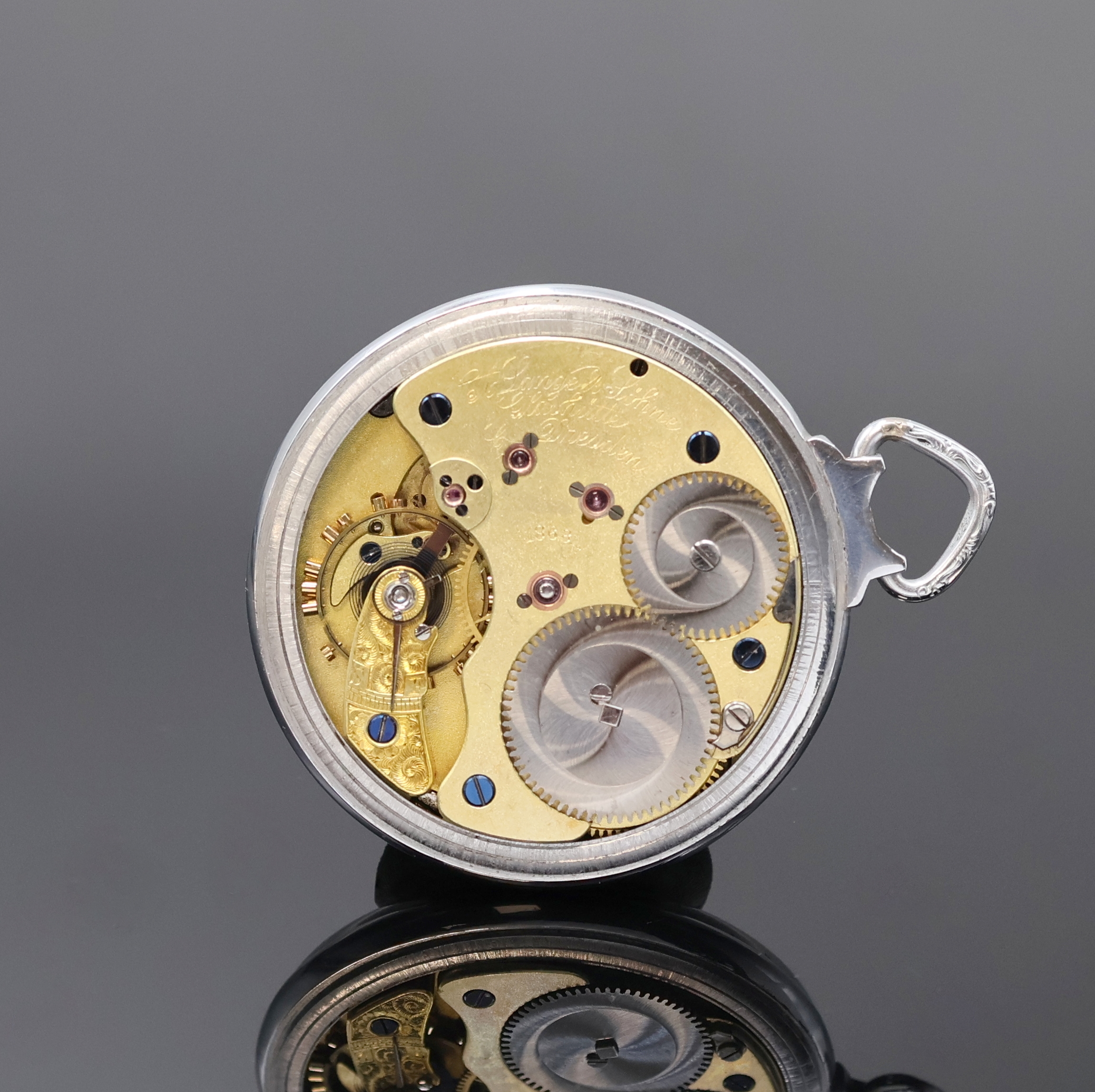 A. LANGE & SÖHNE Savonette-Werk in 1A - Qualität, Deutschland um 1880, verg. 3/4- Plat.-Werk, 20 Steine, 5 verschr. Goldchatons, Diamant-Deckst., ...