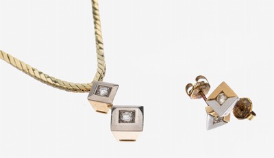 Image 14 kt Gold Brillant-Konvolut, GG/WG 585/000, best. aus: Collier und Paar Ohrstecker, ...