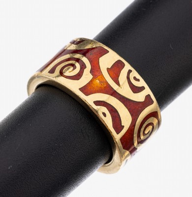 Image 18 kt Gold Email-Ring, GG 750/000, rundum mit transluzid rotem Email, (min. besch.), RW ...