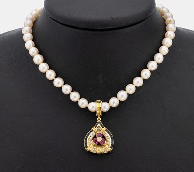 Image 26953347 - Zuchtperl-Collier mit 18 kt Gold Diamant- Farbstein-Clipanhänger, GG 750/000, 11 ...