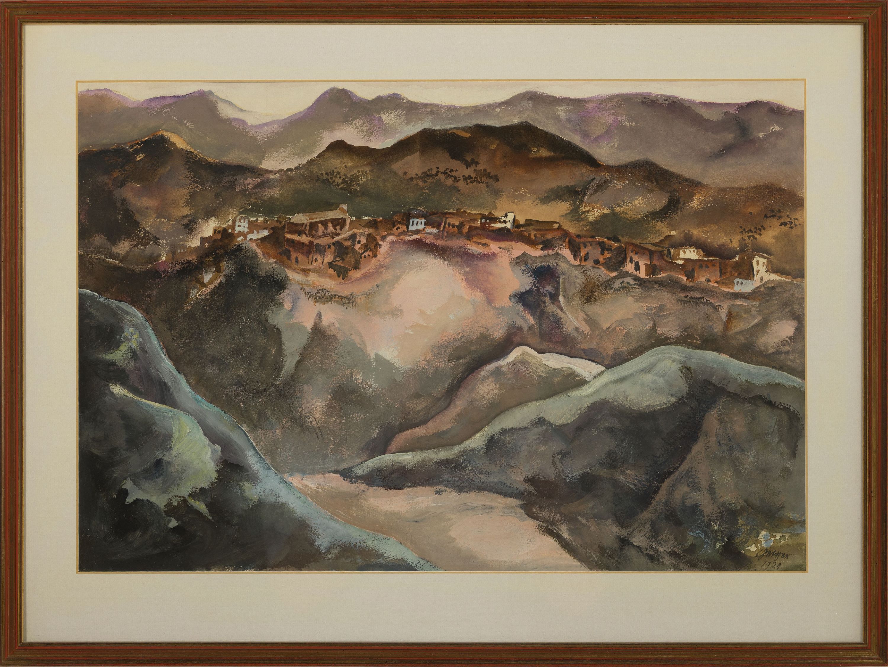 Detail k: Willi Geiger, 1878 Landshut-1971 München, Blick auf eine Ortschaft in hügeliger Landschaft, rechts unten signiert und dat. 1921, ca. 32x48cm, PP, ...