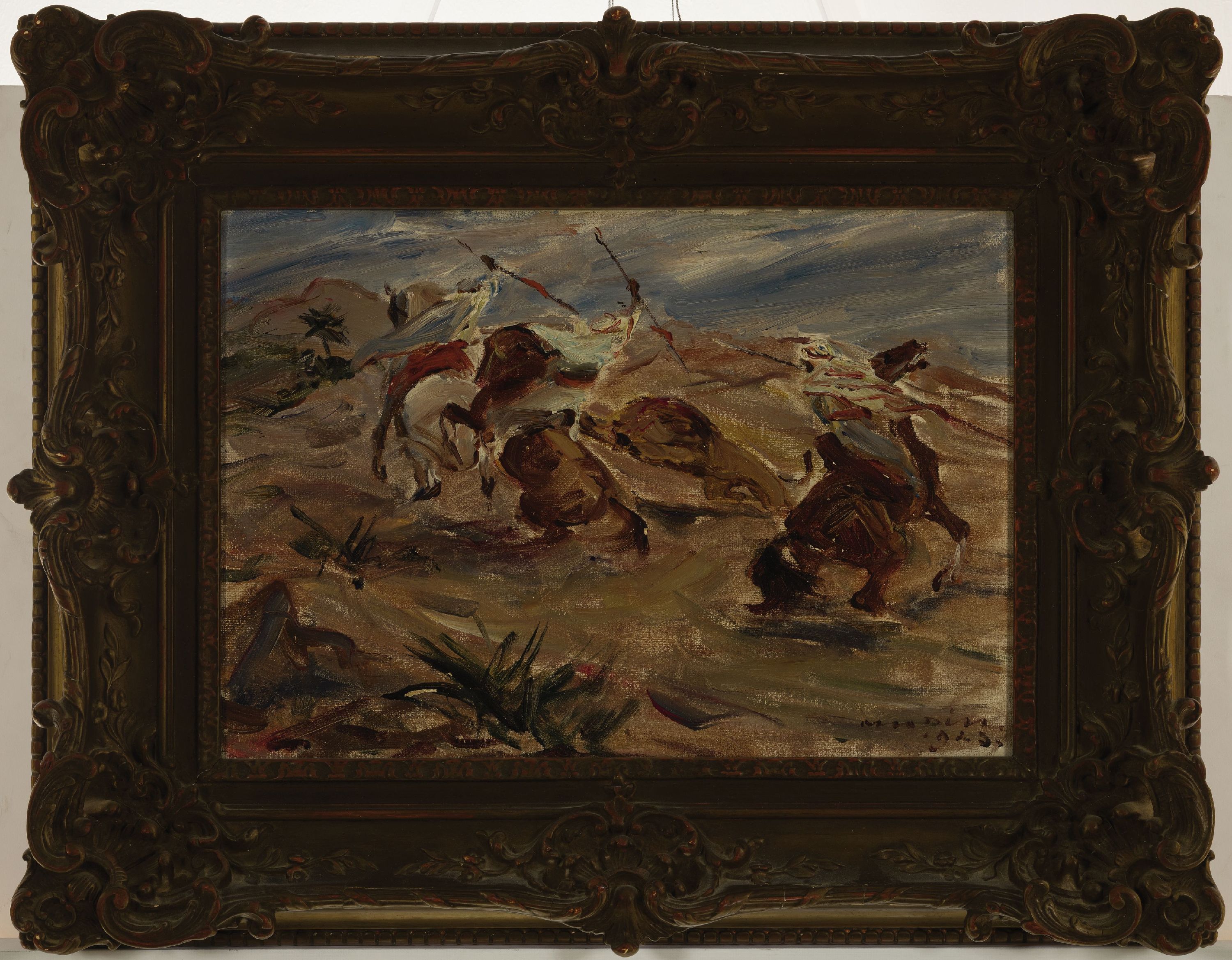 Detail k: Otto Dill, 1884 Neustadt/Wstr.-1957 Bad Dürkheim, drei berittene Beduinen jagen einen Löwen, Öl/Malkarton, kleinere Farbabsplitterungen, rechts ...