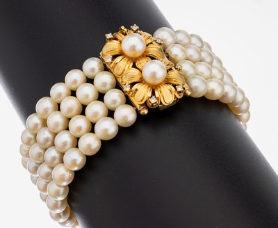 Image Perl-Armband mit 14 kt Gold Diamant-Schließe, GG 585/000, 4-rhg. ...