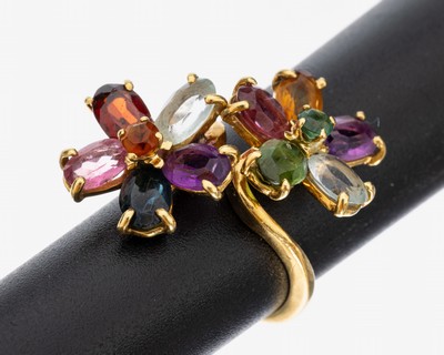 Image 18 kt Gold Farbstein-Ring, GG 750/000, Ringkopf 2 Blüten, oval- und rundfacett. ...