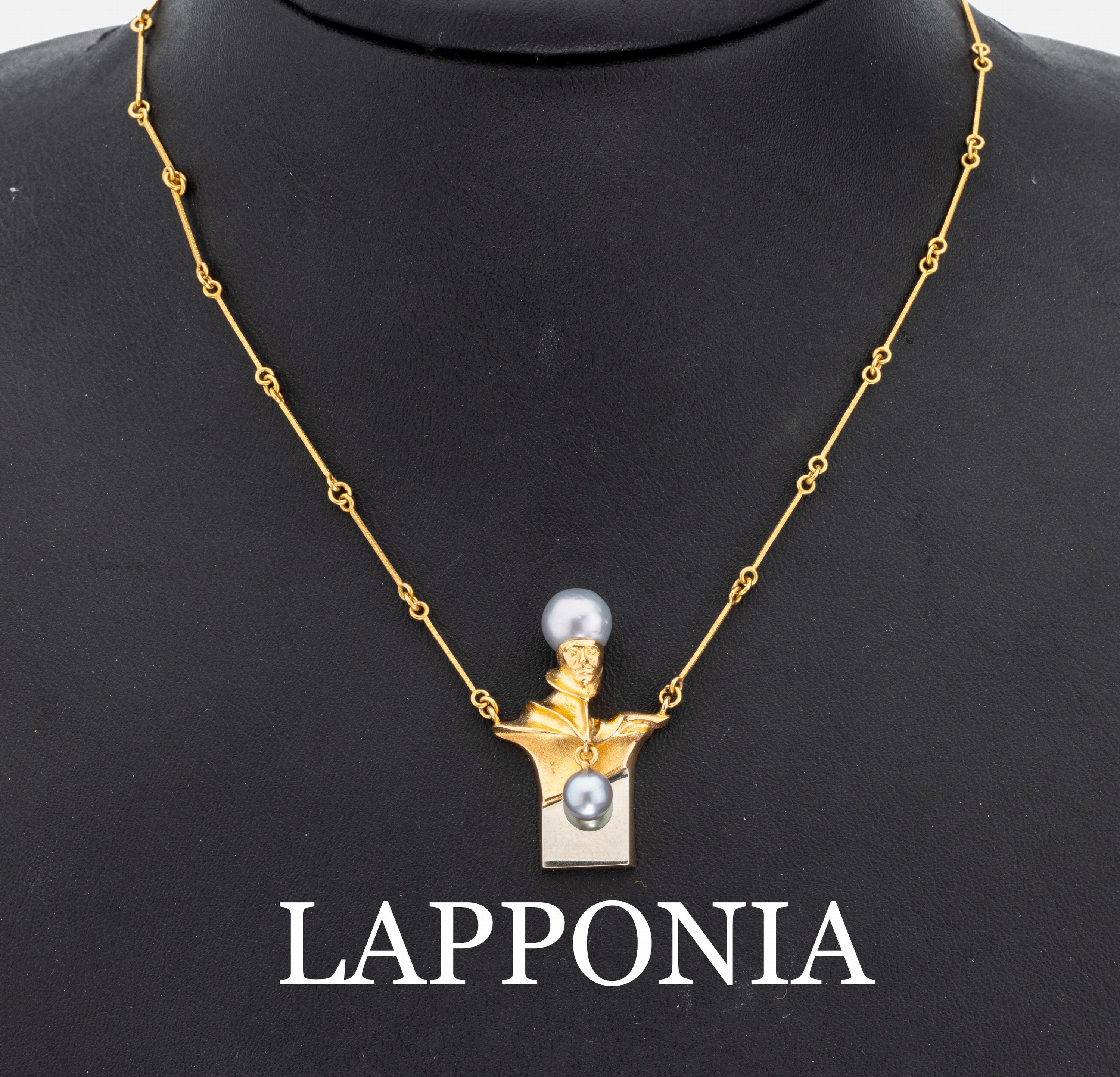 14 kt Gold LAPPONIA Collier, GG/WG 585/000,1980, Modell Mönch, Design Björn Weckström, 2 silbergraue Zuchtperlen, L. ca. 43 cm, Hakenschließe, ...