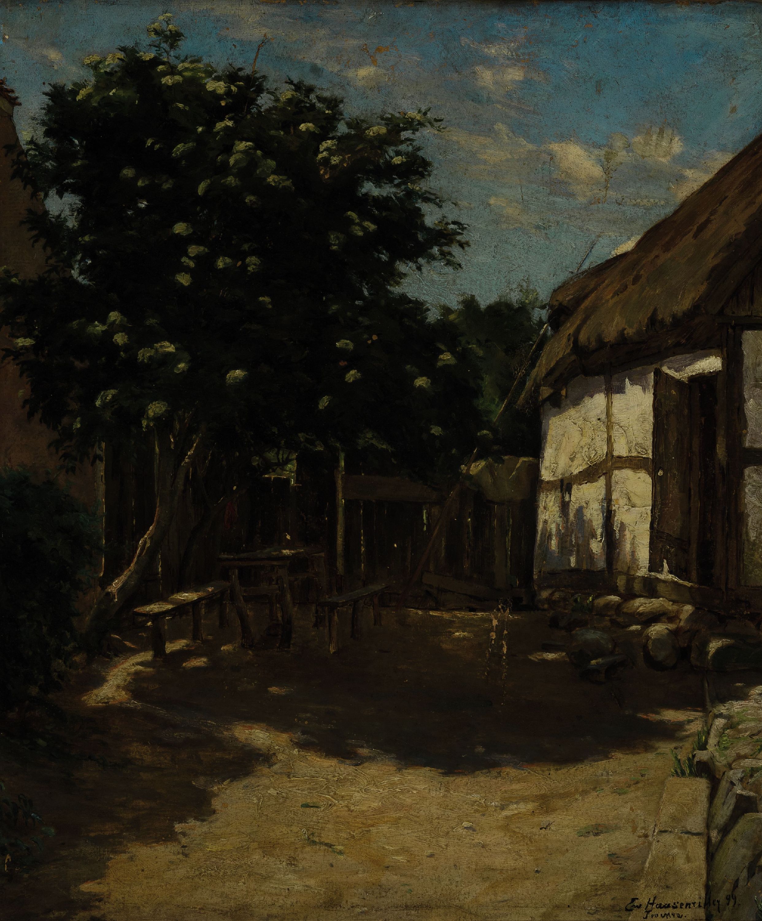 Ewald Haasenritter, 1871 Kösen-1902 Schöneiche, Sonnen durchfluteter Hof mit blühendem Kastanienbaum, Öl/Malkarton, rechts unten sign. und dat. 99