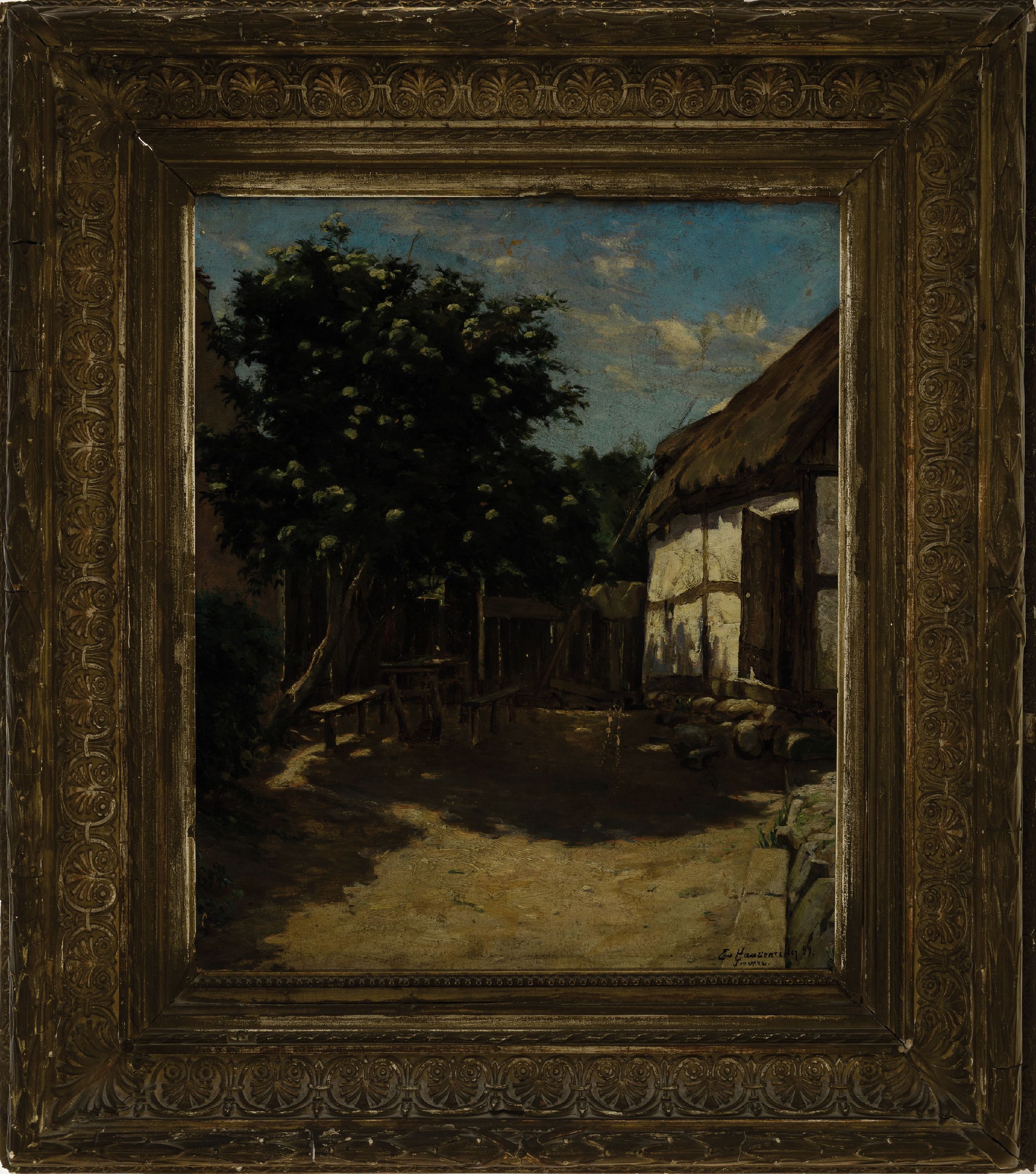 Detail k: Ewald Haasenritter, 1871 Kösen-1902 Schöneiche, Sonnen durchfluteter Hof mit blühendem Kastanienbaum, Öl/Malkarton, rechts unten sign. und dat. 99