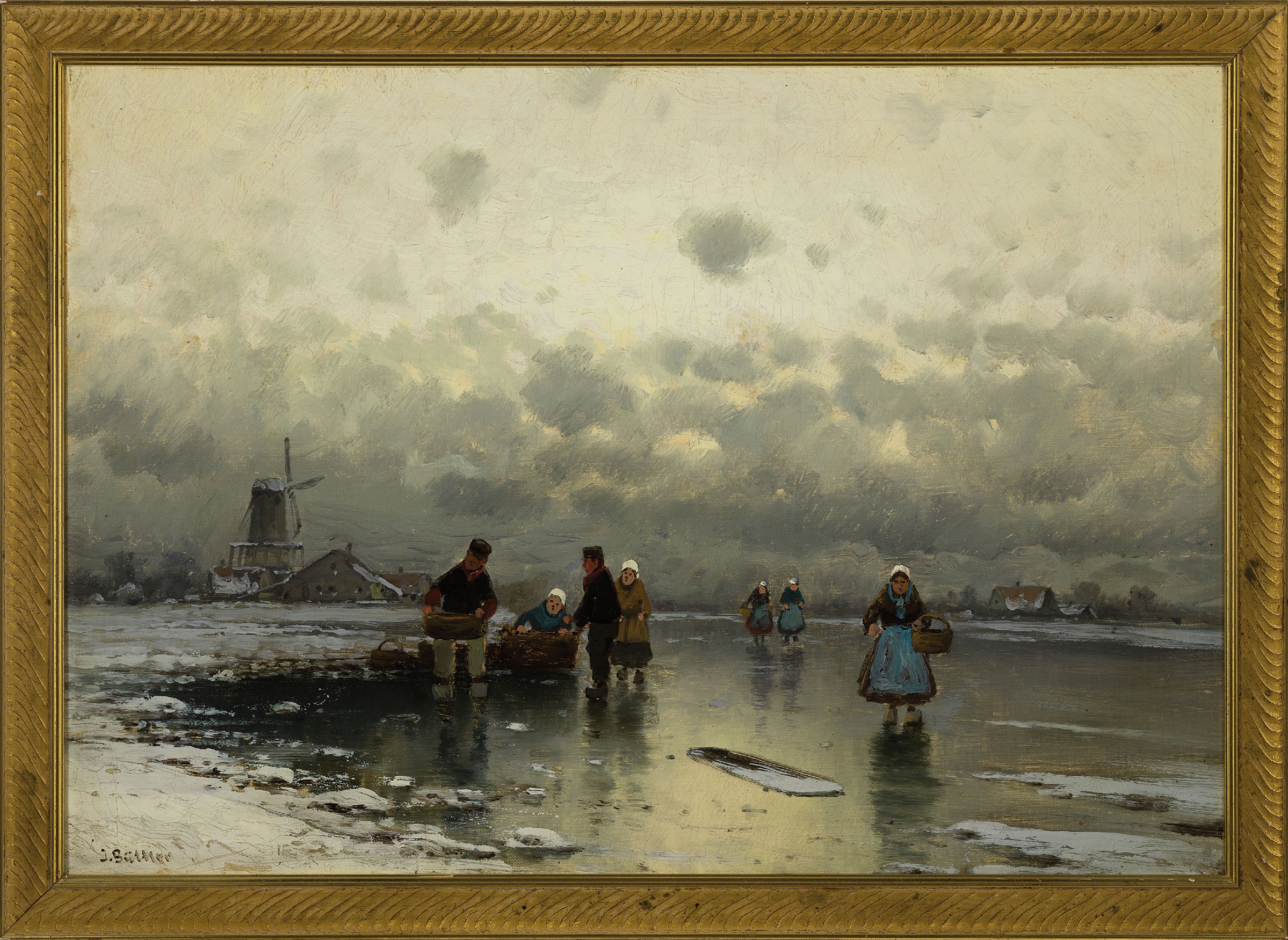 Detail k: J. Büttler, Maler der Düsseldorfer Schule, um 1900, Holländische Winterlandschaft mit Fischern und ihrem Fang, Öl/Lwd, links unten sign., ca. ...