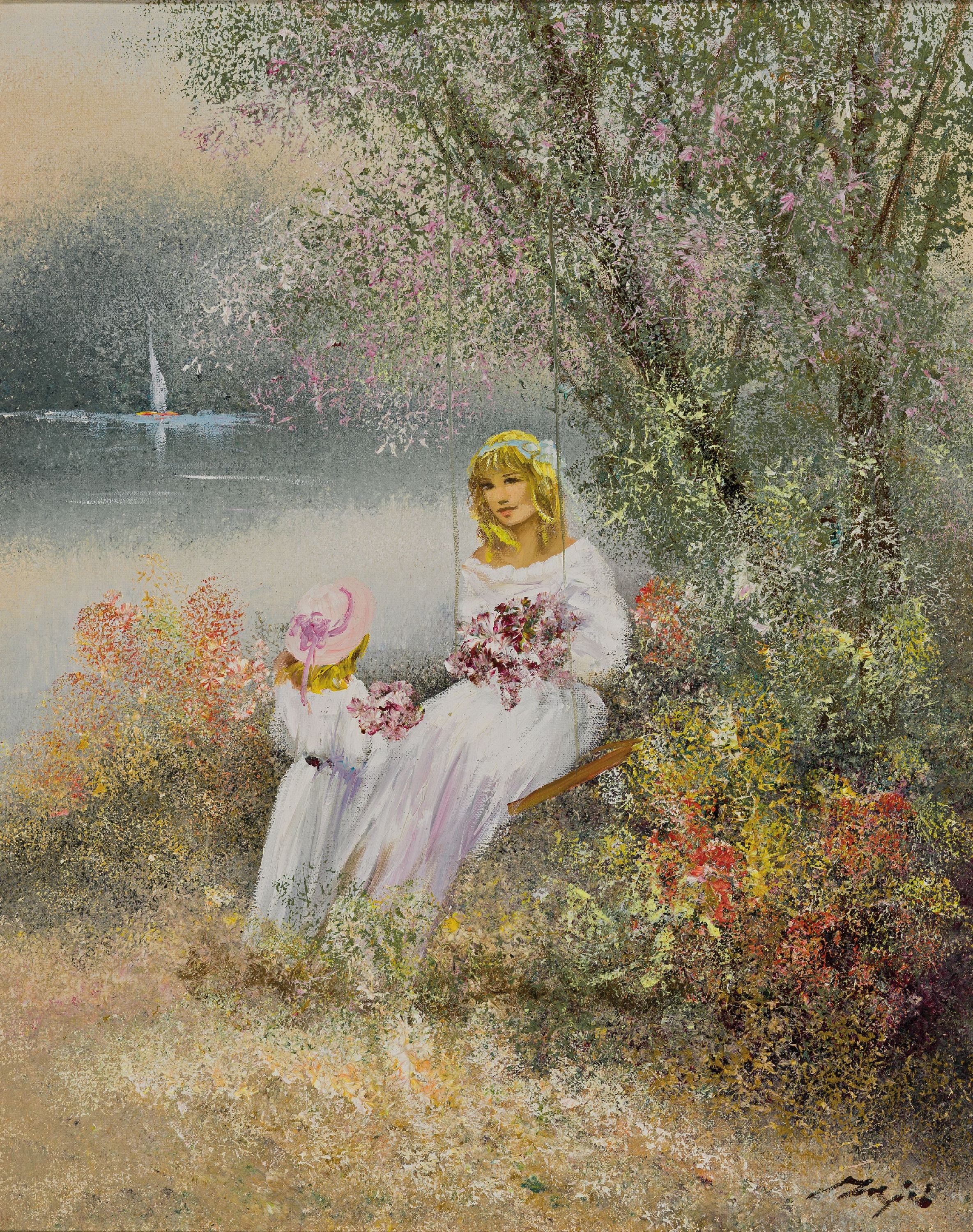 Madjid Rahnavardkar, 1943 Teheran-2020 München, 2 Gemälde: zwei Mädchen am Seeufer, Öl/Lwd, sign., ca. 30x40cm, R. ca. 44x54cm, Mutter und ...