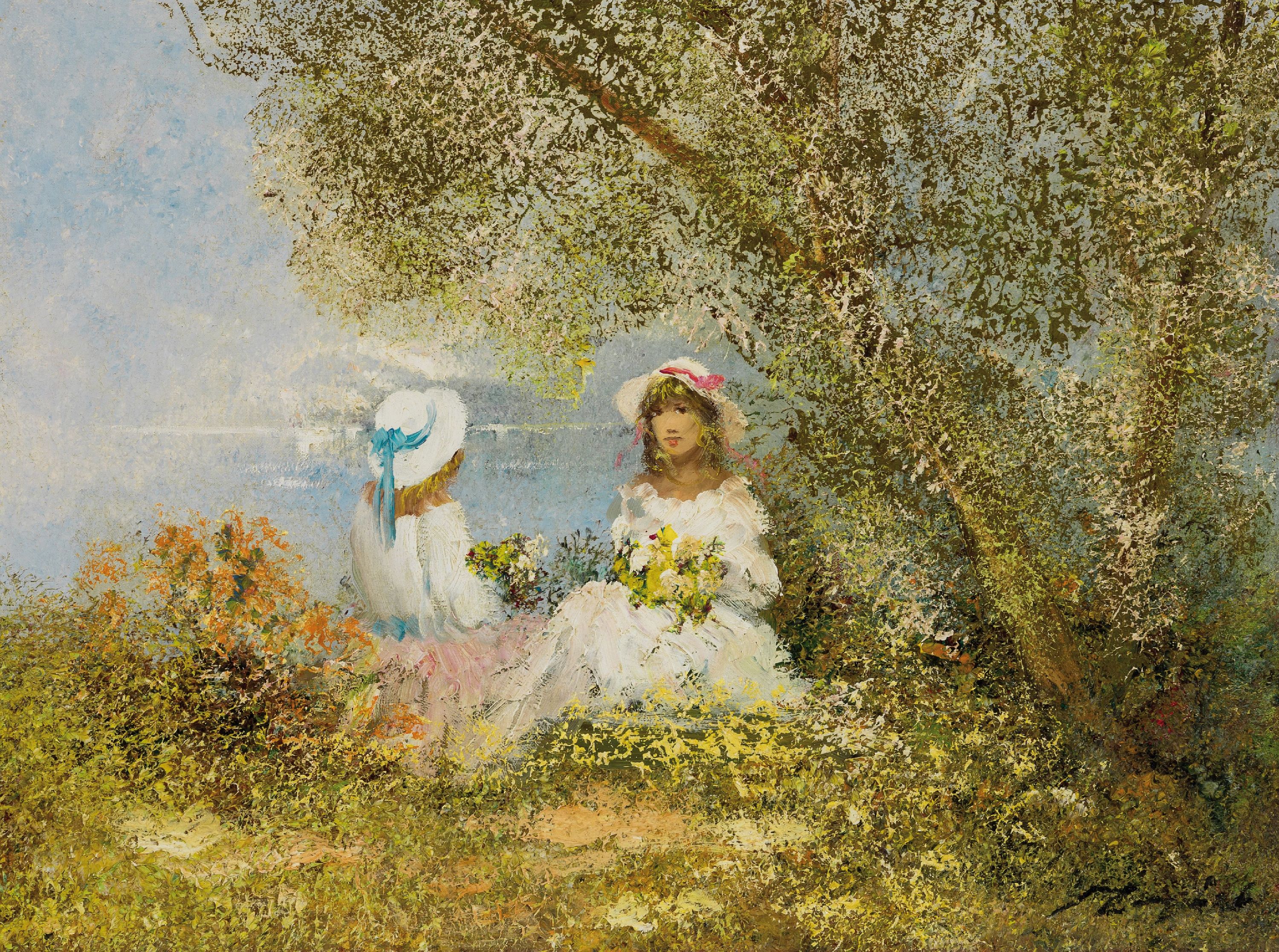 Detail a: Madjid Rahnavardkar, 1943 Teheran-2020 München, 2 Gemälde: zwei Mädchen am Seeufer, Öl/Lwd, sign., ca. 30x40cm, R. ca. 44x54cm, Mutter und ...