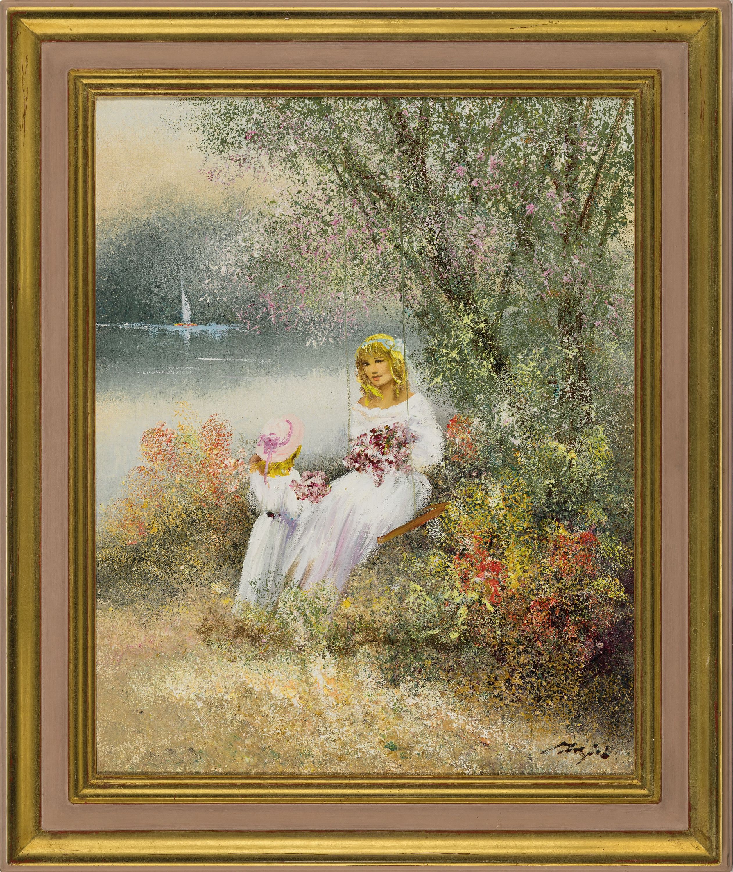 Detail k: Madjid Rahnavardkar, 1943 Teheran-2020 München, 2 Gemälde: zwei Mädchen am Seeufer, Öl/Lwd, sign., ca. 30x40cm, R. ca. 44x54cm, Mutter und ...