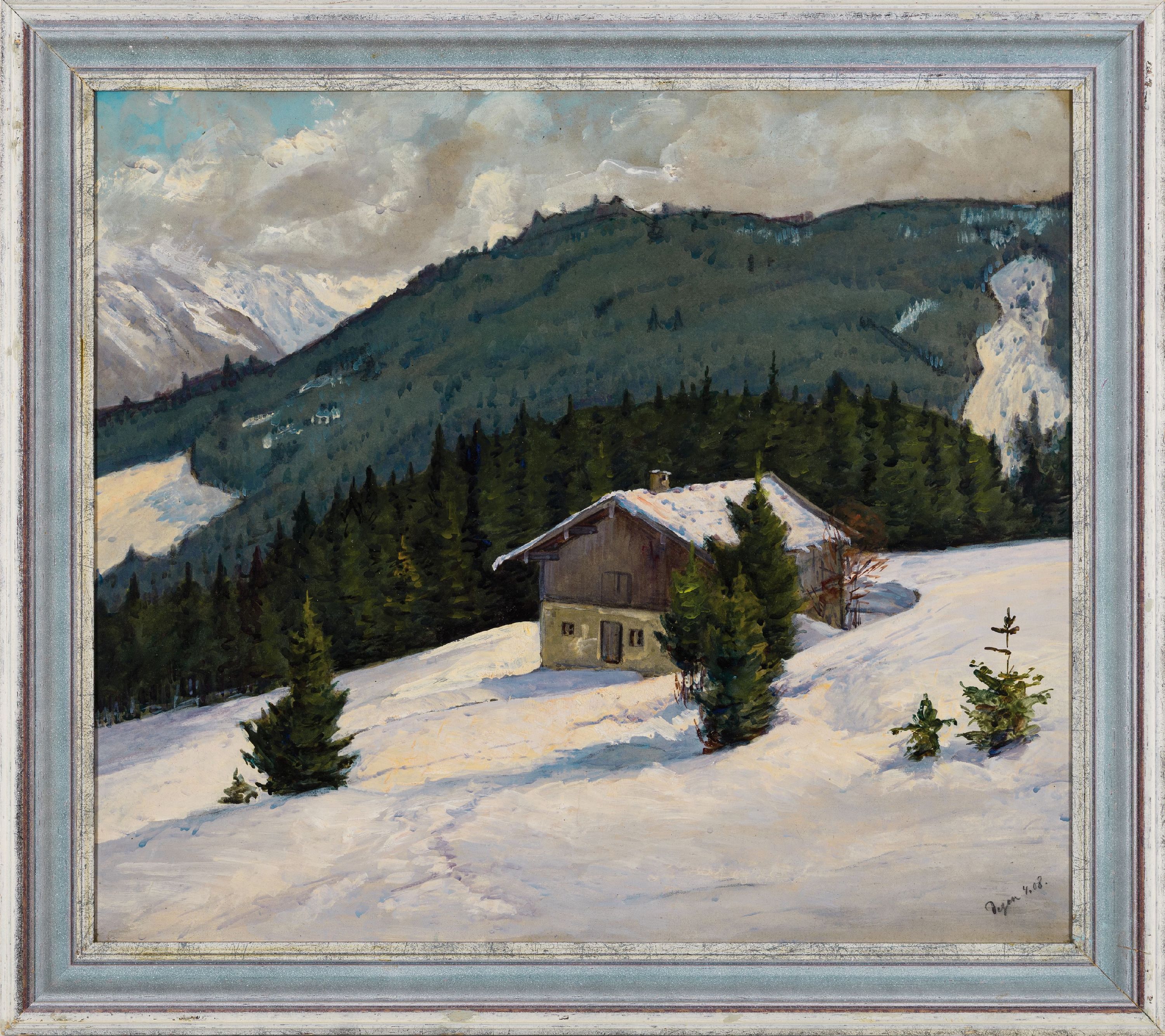 Detail k: Franz Degen, 1873-1914 Hannover, Winter im Werdenfelser Land, Öl/Malkarton, rechts unten sign. und dat. 4.08, ca. 45x51.5cm, R. ca. 53x59cm