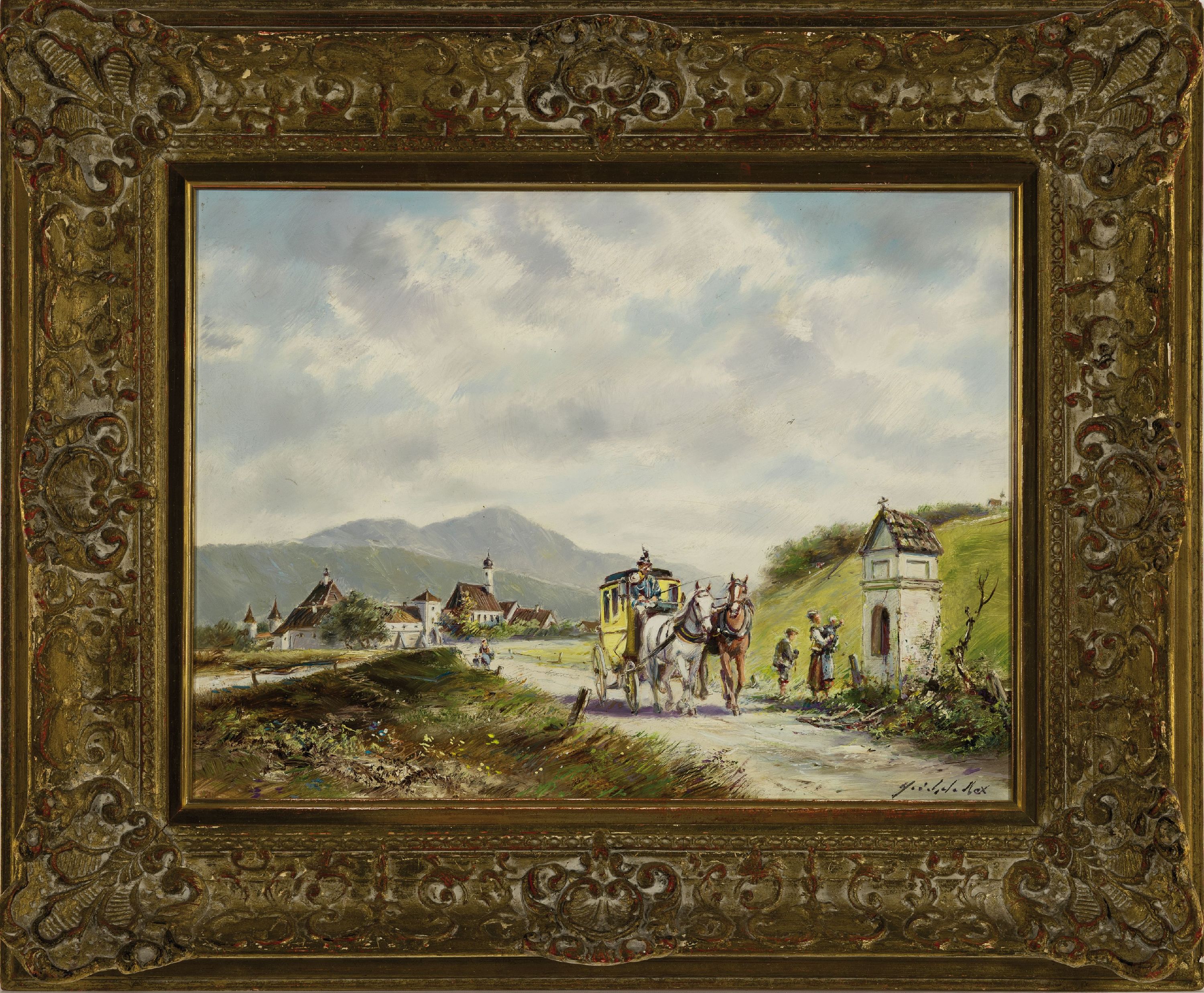 Detail k: Max Heichele, 1890-1979 München, Bayerische Landschaft mit Postkutsche, Öl/Malkarton, rechts unten sign., ca. 30x40cm, R. ca. 48x57cm