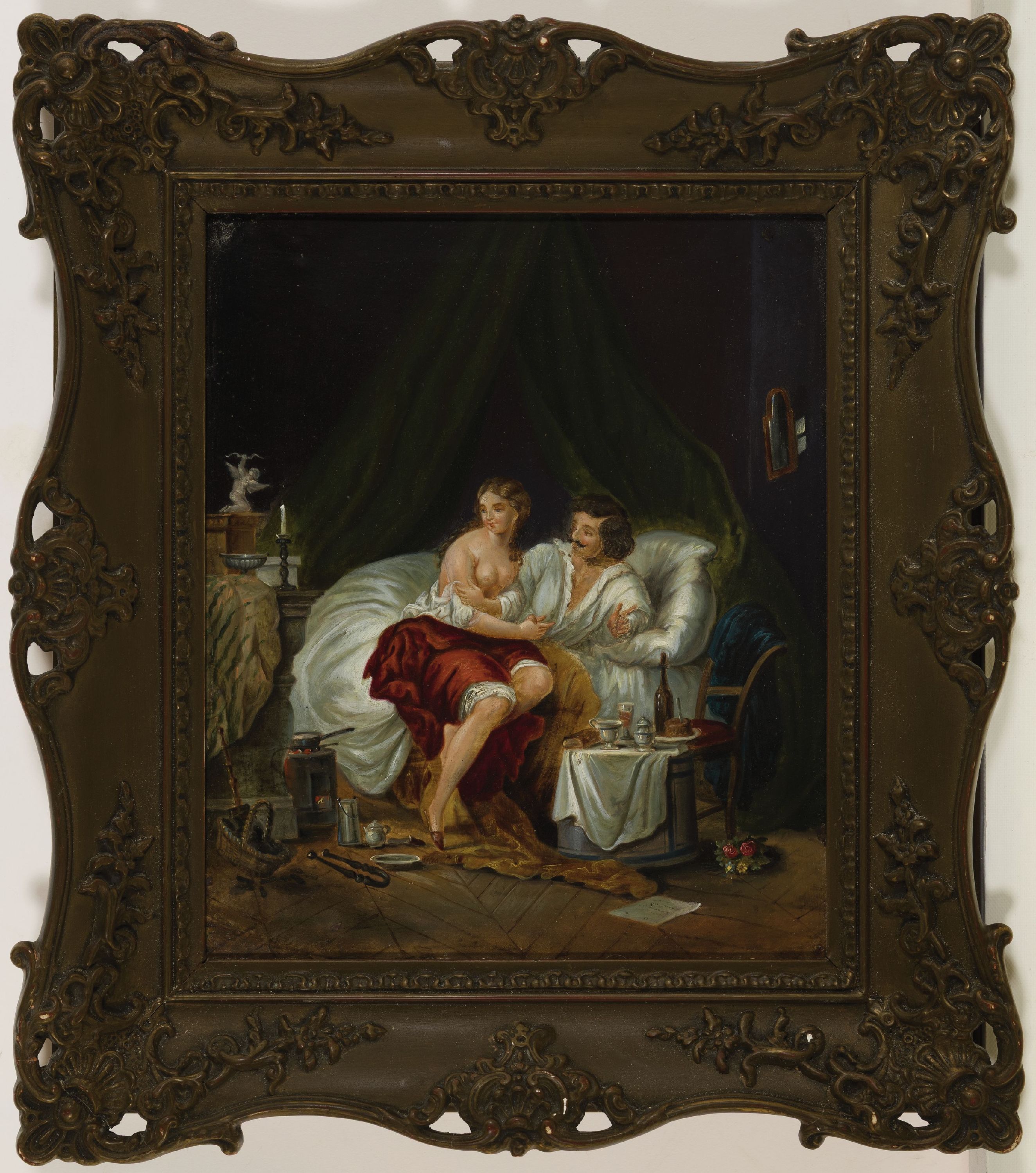 Detail k: Unbekannter Künstler des 19. Jh., Erotische Szene im Boudoir, Öl/Metallblech, unsigniert, ca. 28x23cm, R. ca. 41x35cm