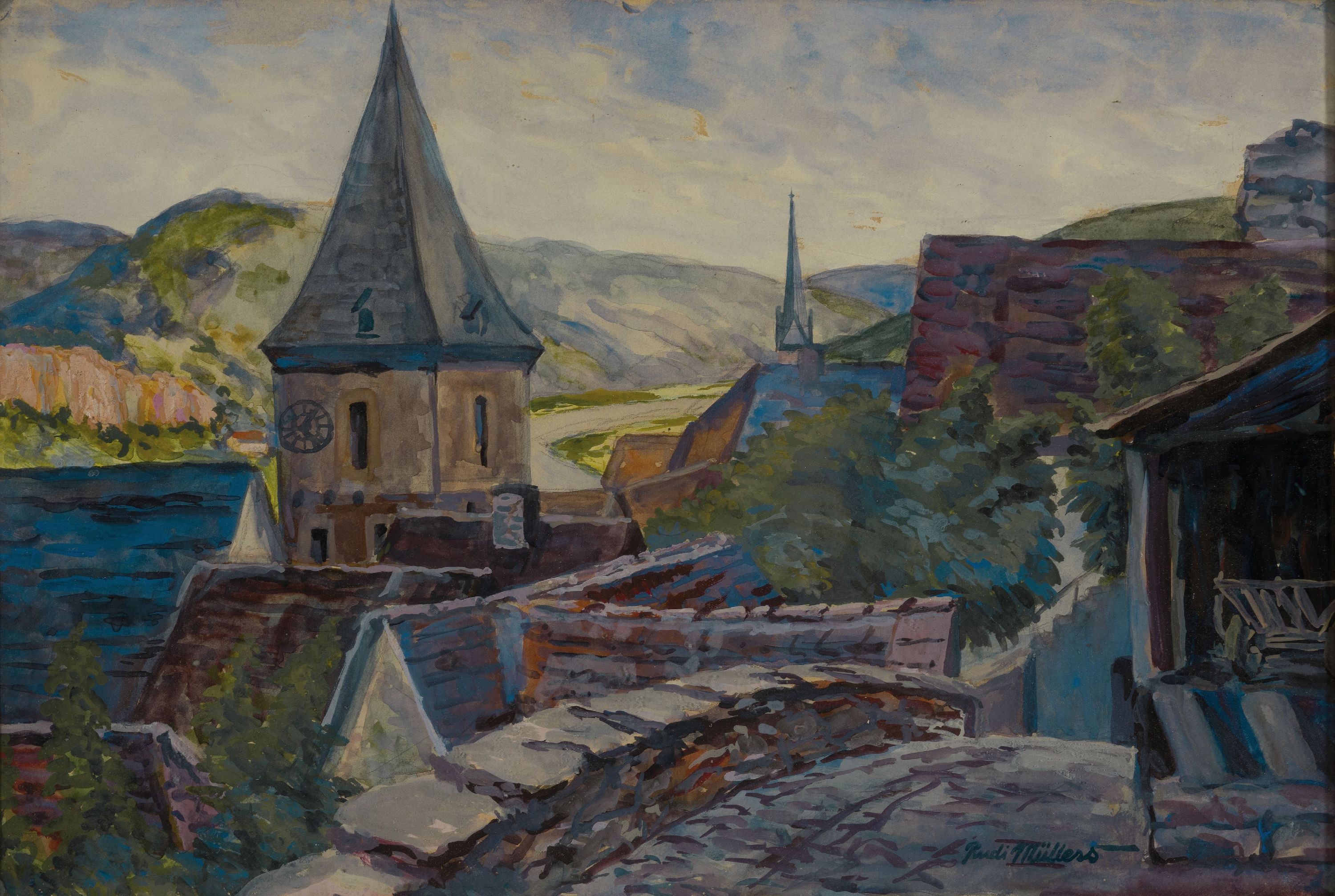 Rudi Müllers, 1895 München-1972 Heidelberg, Aquarell, Blick über Hirschhorn am Neckar, verso datiert 1932, rechts unten signiert, verso ...