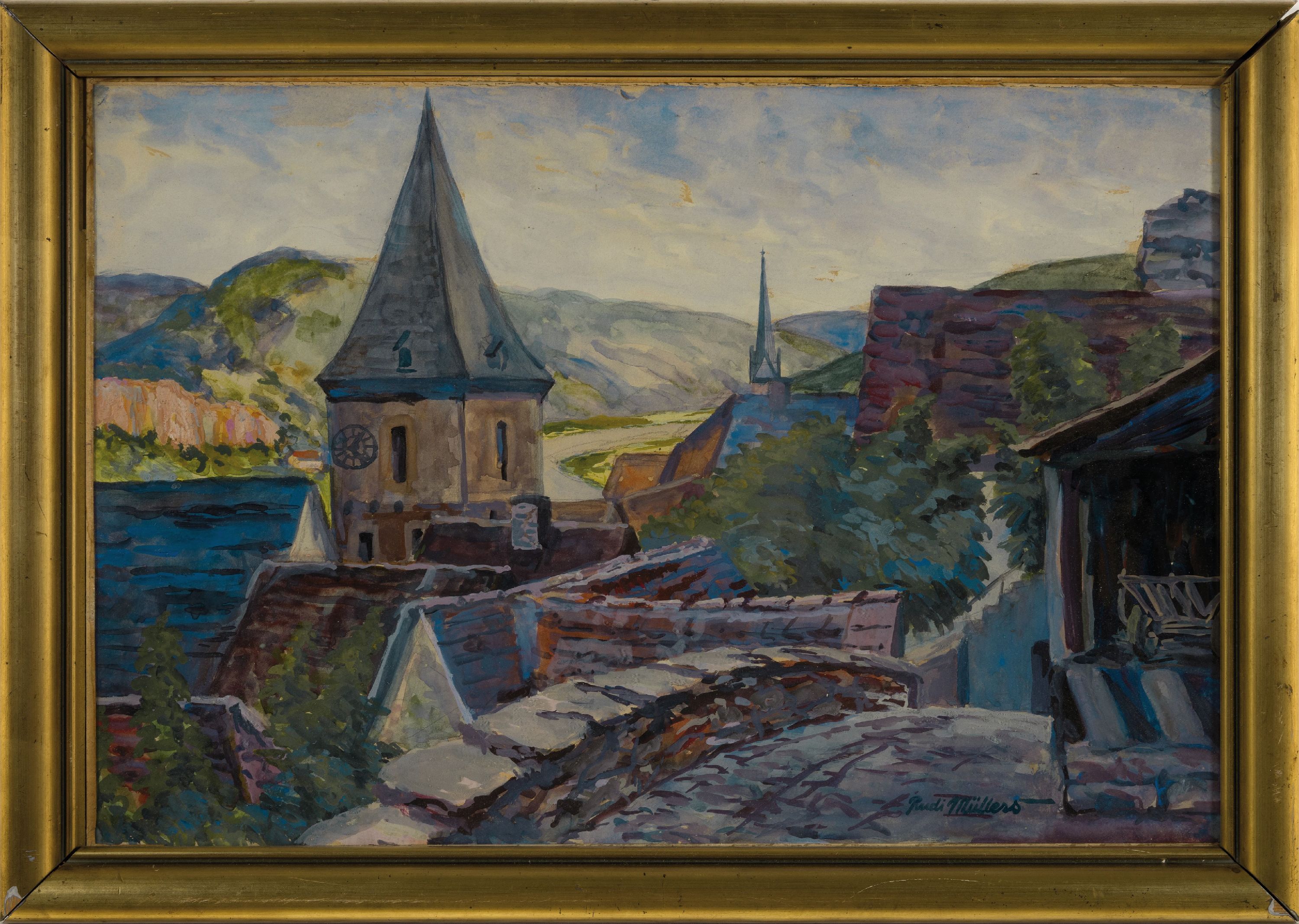 Detail k: Rudi Müllers, 1895 München-1972 Heidelberg, Aquarell, Blick über Hirschhorn am Neckar, verso datiert 1932, rechts unten signiert, verso ...
