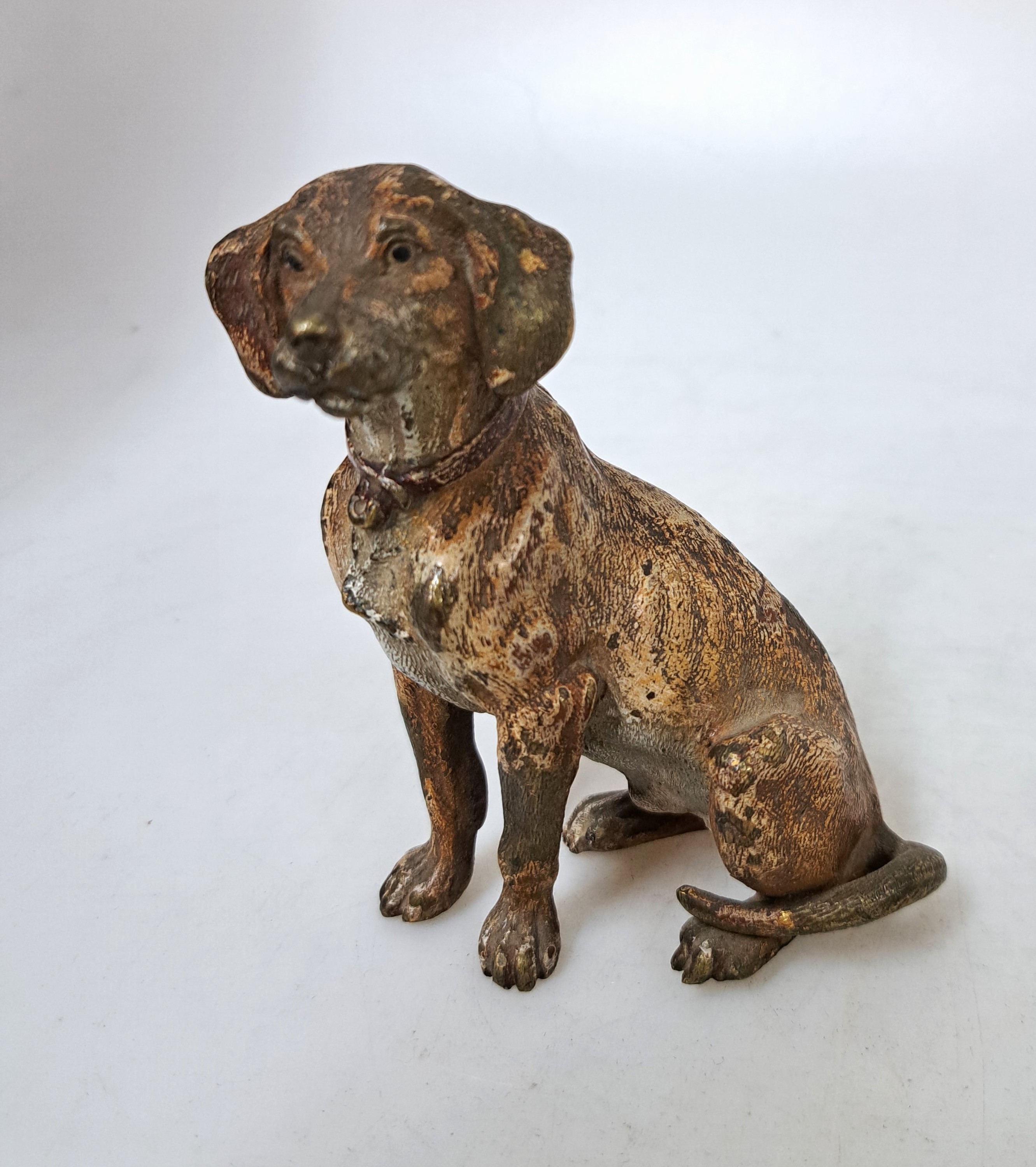 Detail b: Große Wiener Bronze, um 1900, sitzender Schweißhund, naturalistisch polychrom staffiert, massiv, ca. 10.5x11.5 cm, ungemarkt