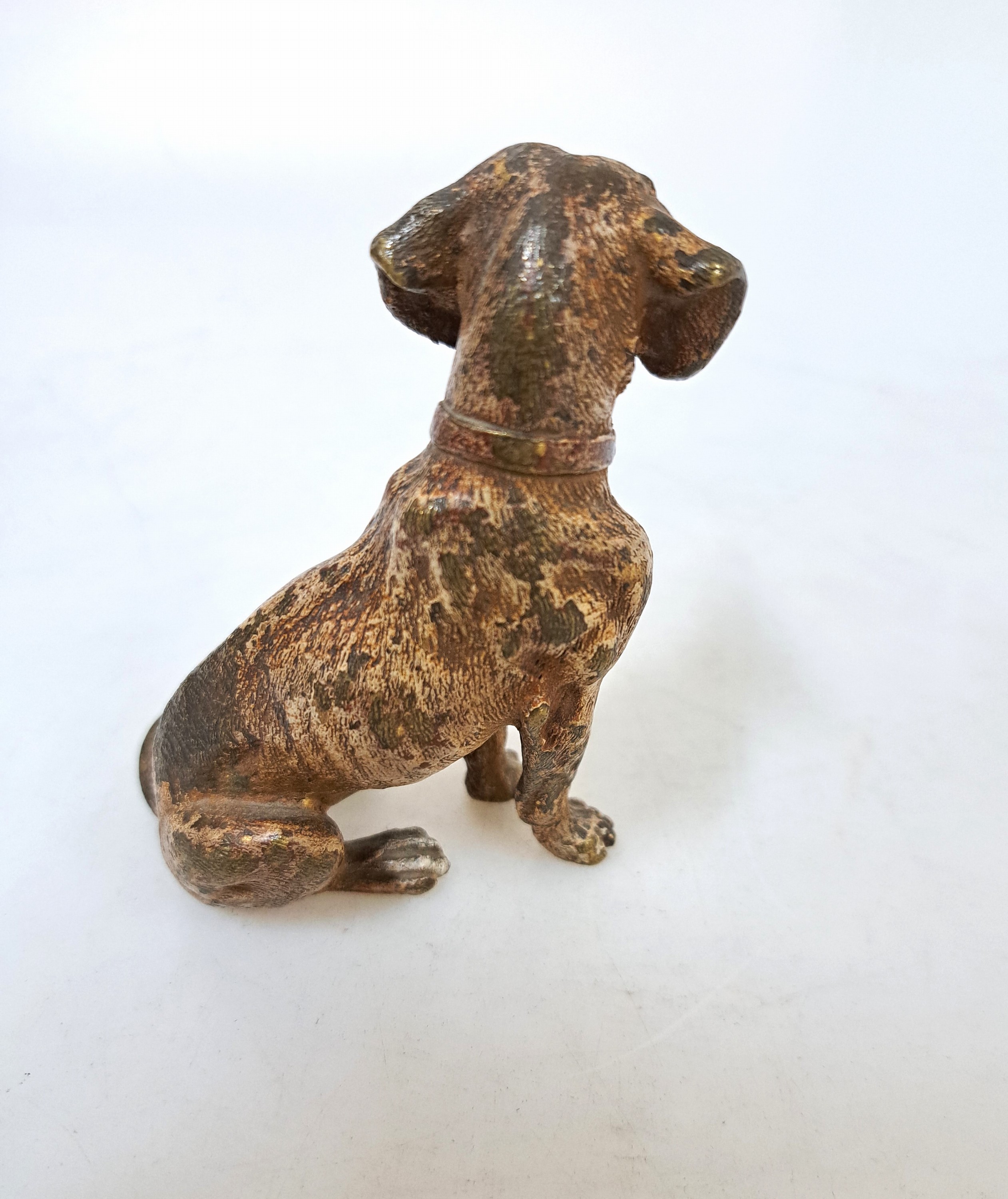 Detail e: Große Wiener Bronze, um 1900, sitzender Schweißhund, naturalistisch polychrom staffiert, massiv, ca. 10.5x11.5 cm, ungemarkt