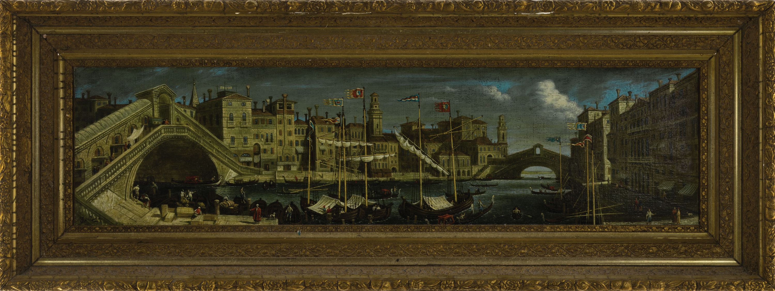 Detail k: J. Routari, Künstler des 19.Jh., Panorama von Venedig, Kompositlandschaft des Canale Grande mit Blick auf die Ponte di Rialto, reiche ...