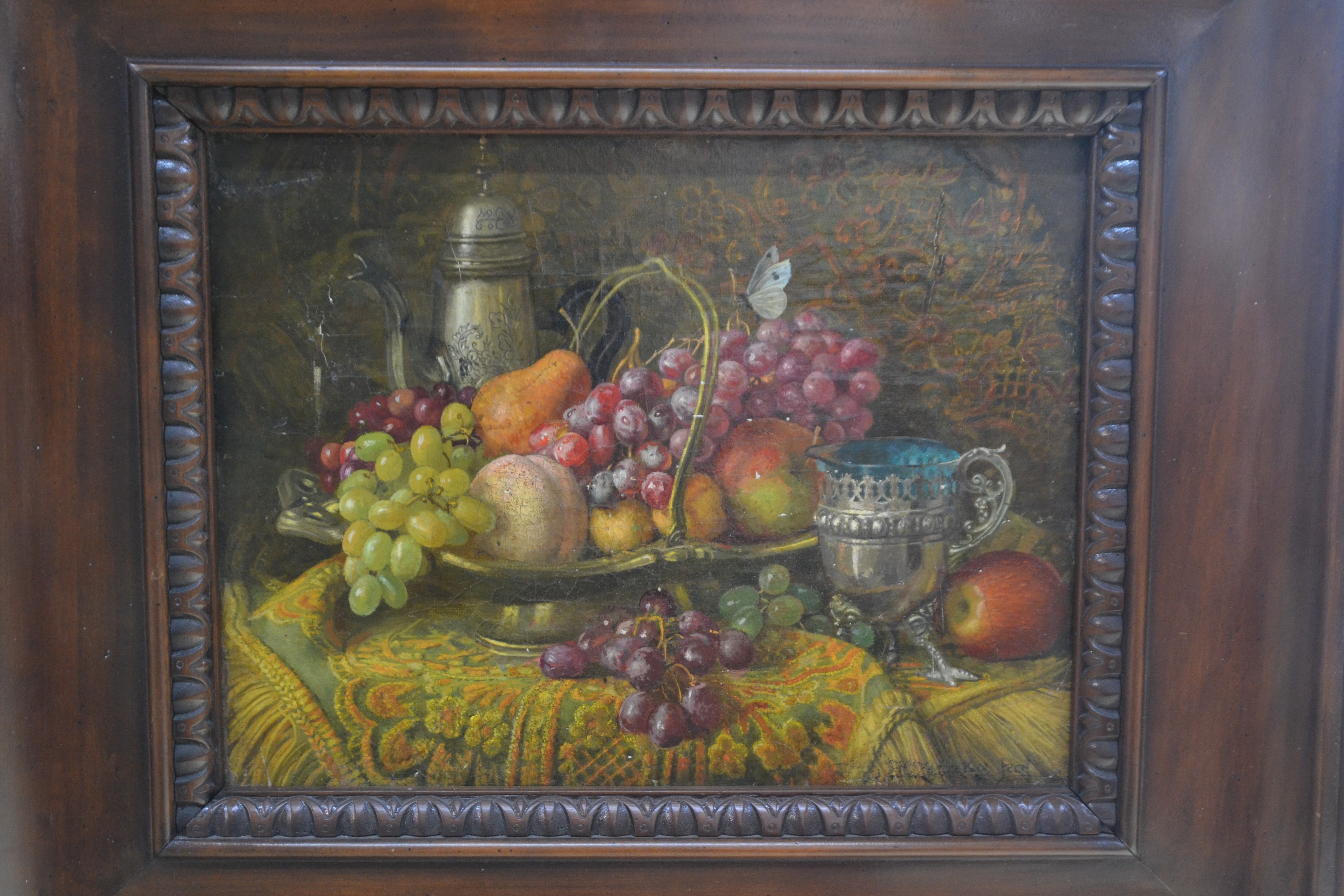 Detail a: Hans Zatzka btw. Johann Franz Cacka, 1859-1945 Breitensee, 2 Früchtestillleben, 2x mit Traubenkorb, Granatapfel, Zitrone Schmetterling und Schnecke; ...