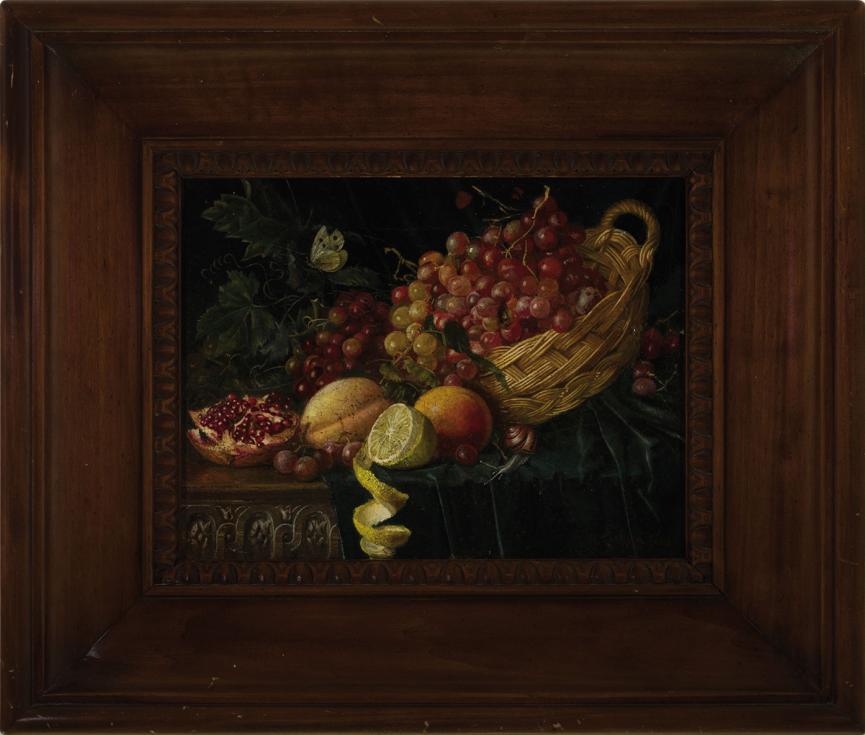 Detail k: Hans Zatzka btw. Johann Franz Cacka, 1859-1945 Breitensee, 2 Früchtestillleben, 2x mit Traubenkorb, Granatapfel, Zitrone Schmetterling und Schnecke; ...