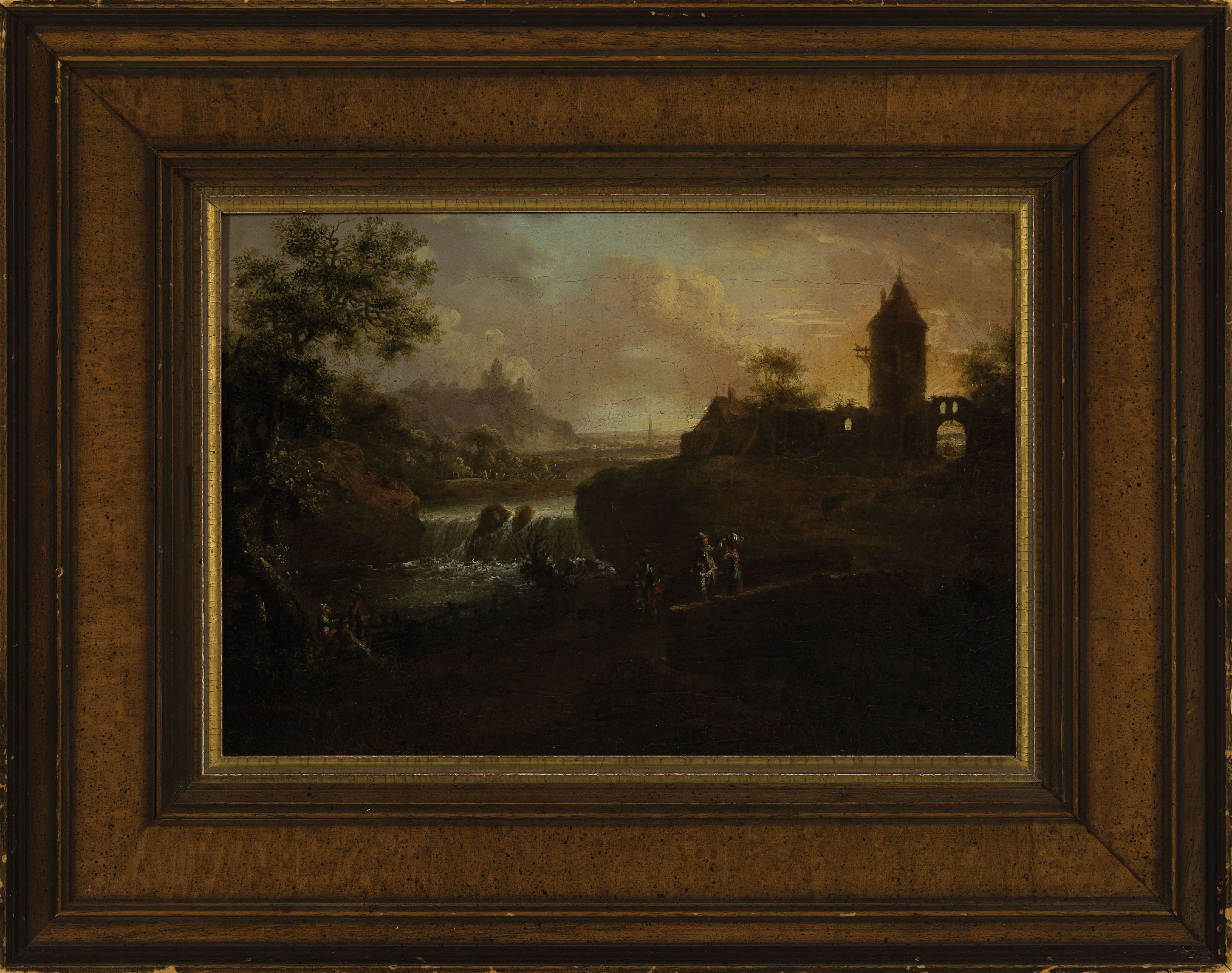 Detail k: Zuschreibung: Christian Georg Schütz d.Ä., 1718 Flörsheim/Main-1791, Flußlandschaft mit Wasserfall und Turmruine, Öl/Lwd, rest., doubl., ca. ...