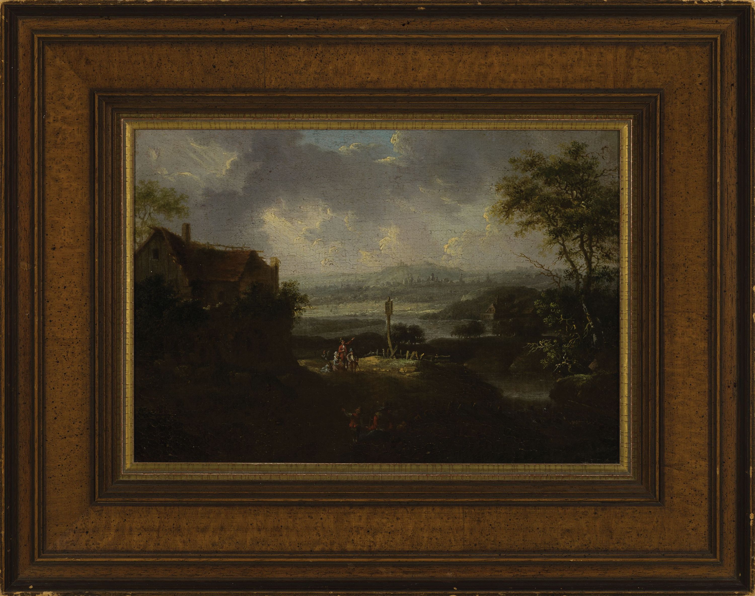 Detail k: Zuschreibung: Christian Georg Schütz d.Ä., 1718 Flörsheim/Main-1791, Flußlandschaft mit Bauerngehöft und Personen, Öl/Lwd, rest., doubl., ca. ...