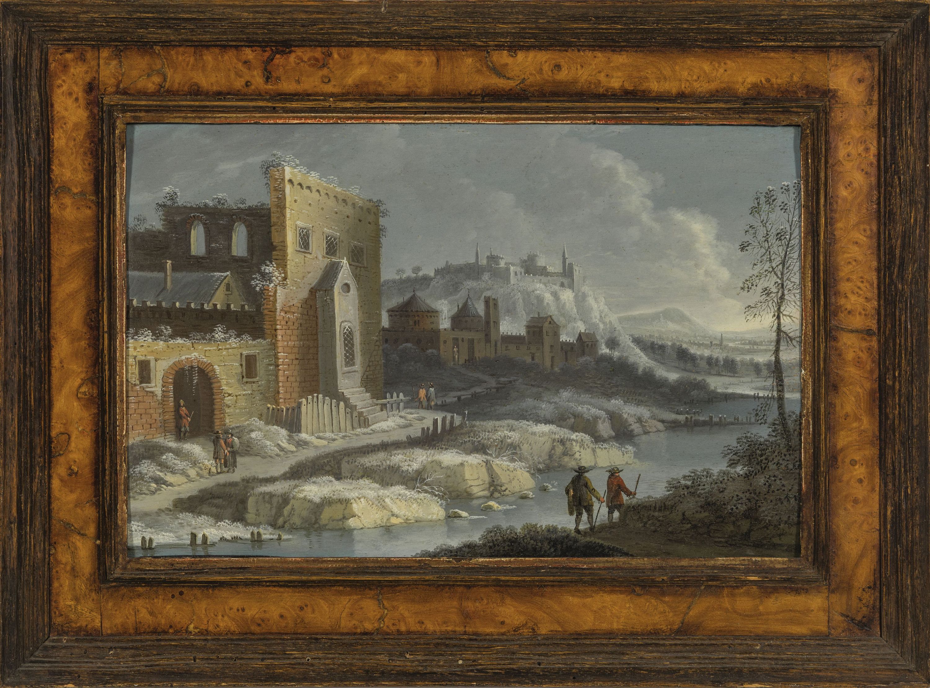 Detail k: Zuschreibung: Franz de Paula Ferg, 1689-1740, Winterlandschaft mit Burganlage und Personen, Öl/Holz, unsign., ca. 20x32cm, R. ca. 32x42cm, mit ...