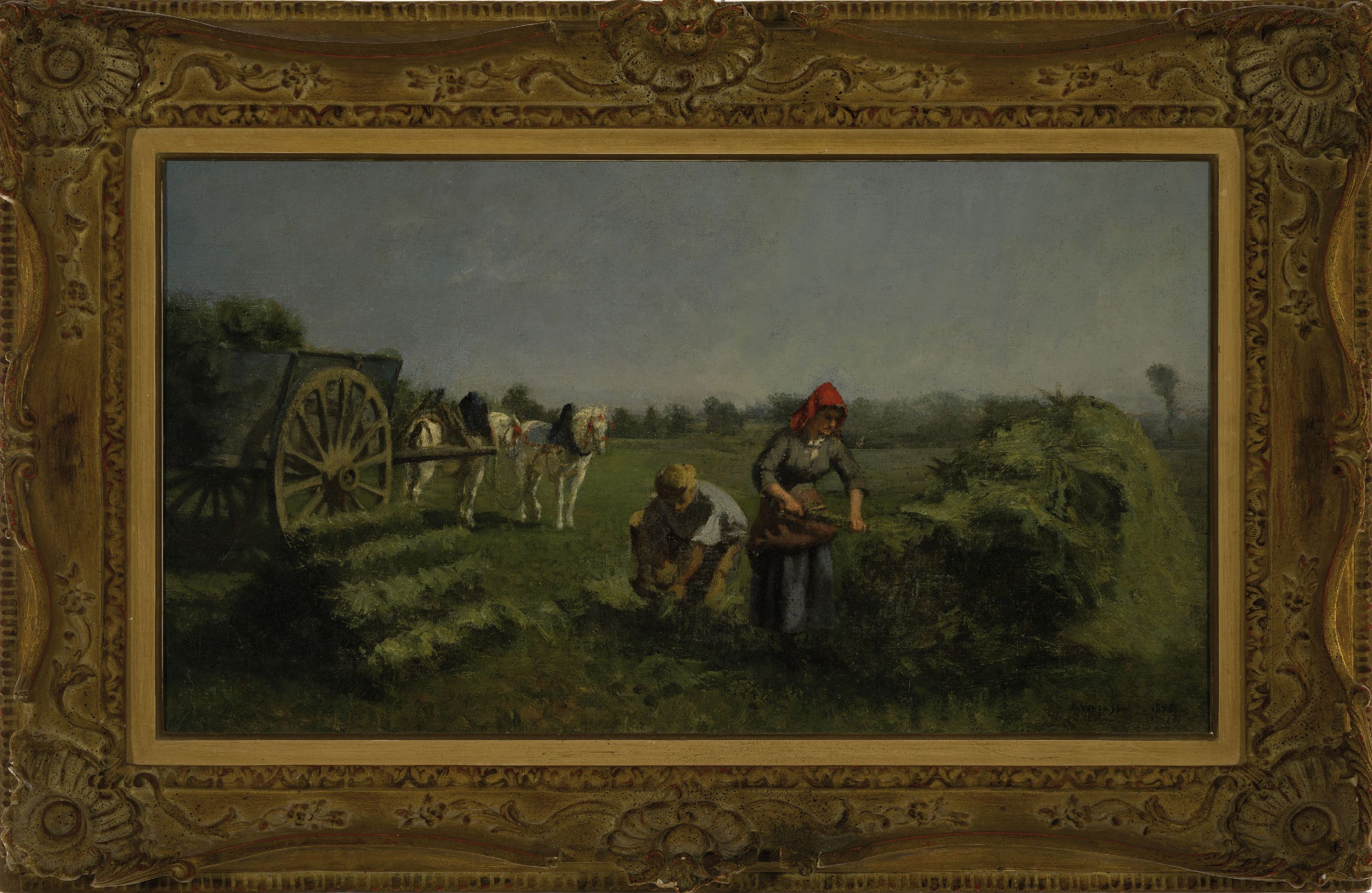 Detail k: Jules Jacques Veyrassat, 1828-1893, Bauernpaar bei der Ernte, im Hintergrund ein Pferdewagen, Öl/Lwd, rest., doubl., rechts unten signiert, ca. ...
