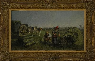 26954998k - Jules Jacques Veyrassat, 1828-1893, Bauernpaar bei der Ernte, im Hintergrund ein ...