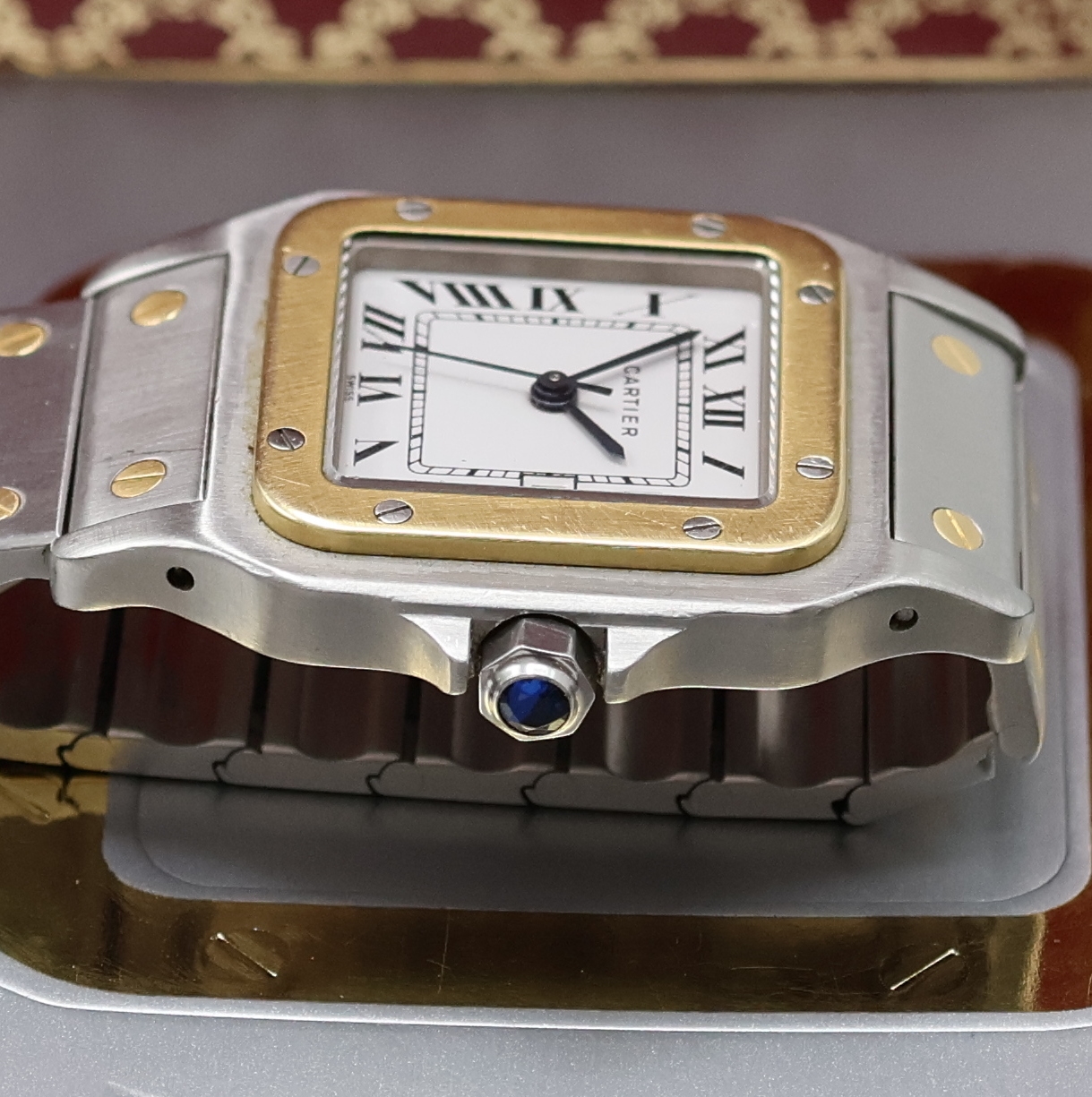 Detail c: CARTIER Santos Herrenarmbanduhr in Stahl/Gold Referenz 1172961, Schweiz um 1990, Automatik, Monocoque-Geh., Lünette 8-fach verschr., orig. ...