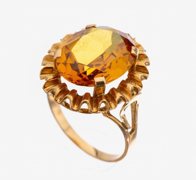 Image 18 kt Gold Citrin-Ring, GG 750/000, ovalfacett. Citrin, geschwungene Unterkaderung, RW ...