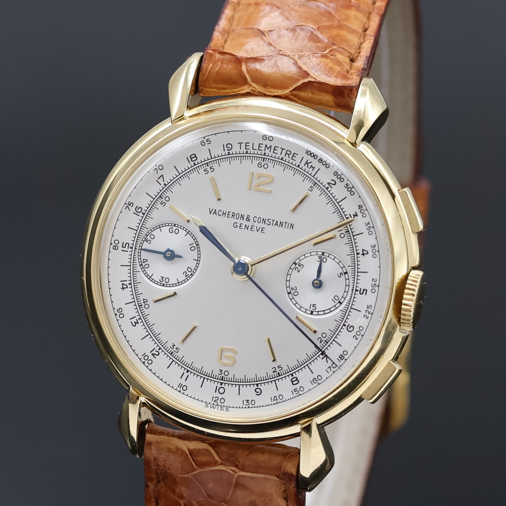 Detail a: VACHERON & CONSTANTIN seltener Herrenchronograph in GG 750/000 Referenz 4178, Schweiz um 1950, Handaufzug, 3-tlg. Geh. m. tropfenförm. ...