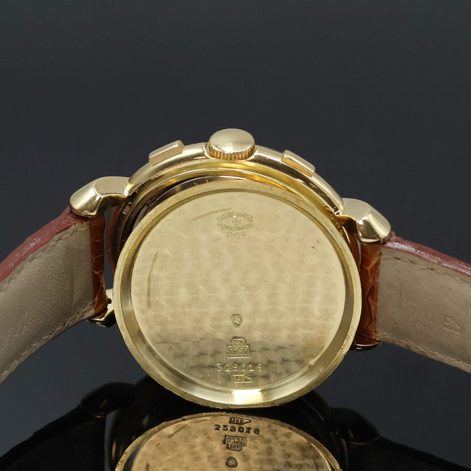 Detail f: VACHERON & CONSTANTIN seltener Herrenchronograph in GG 750/000 Referenz 4178, Schweiz um 1950, Handaufzug, 3-tlg. Geh. m. tropfenförm. ...