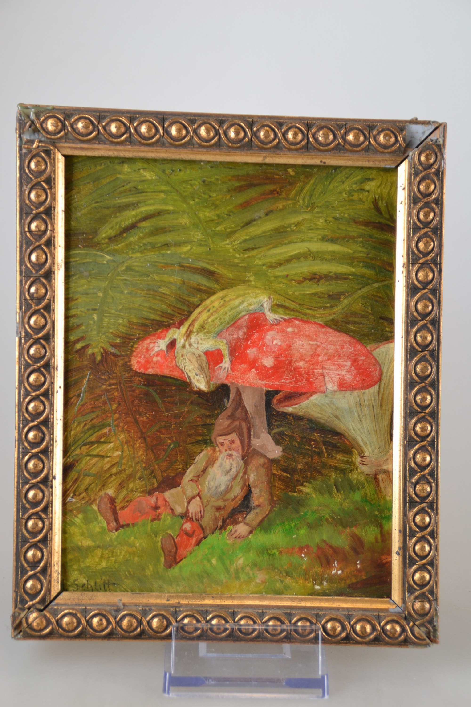 Detail a: Heinrich Schlitt, 1849 Biebrich-1923 München, wohl Studie, ruhender Zwerg unter einem Fliegenpilz, Pilzschirm mit Eidechse, links unten signiert, ...