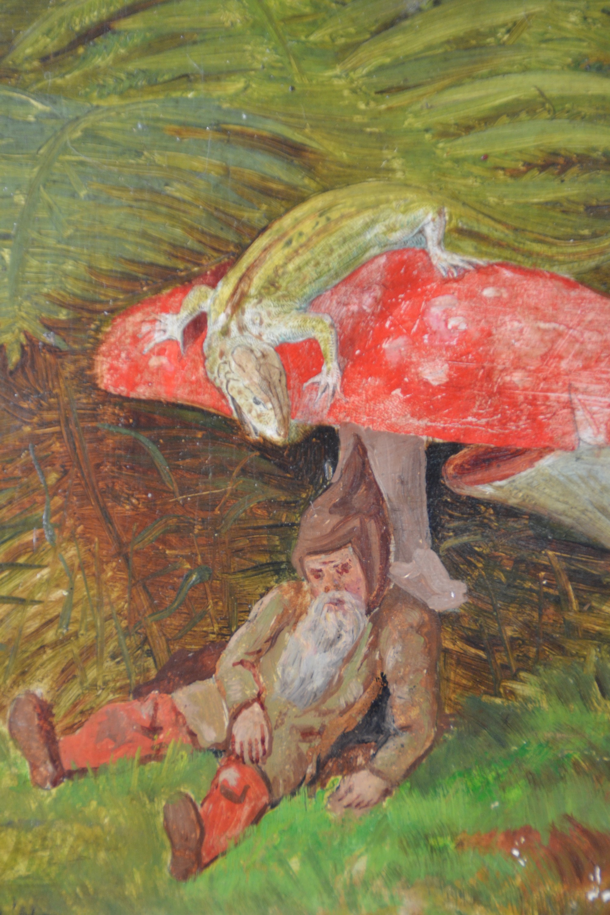 Detail b: Heinrich Schlitt, 1849 Biebrich-1923 München, wohl Studie, ruhender Zwerg unter einem Fliegenpilz, Pilzschirm mit Eidechse, links unten signiert, ...