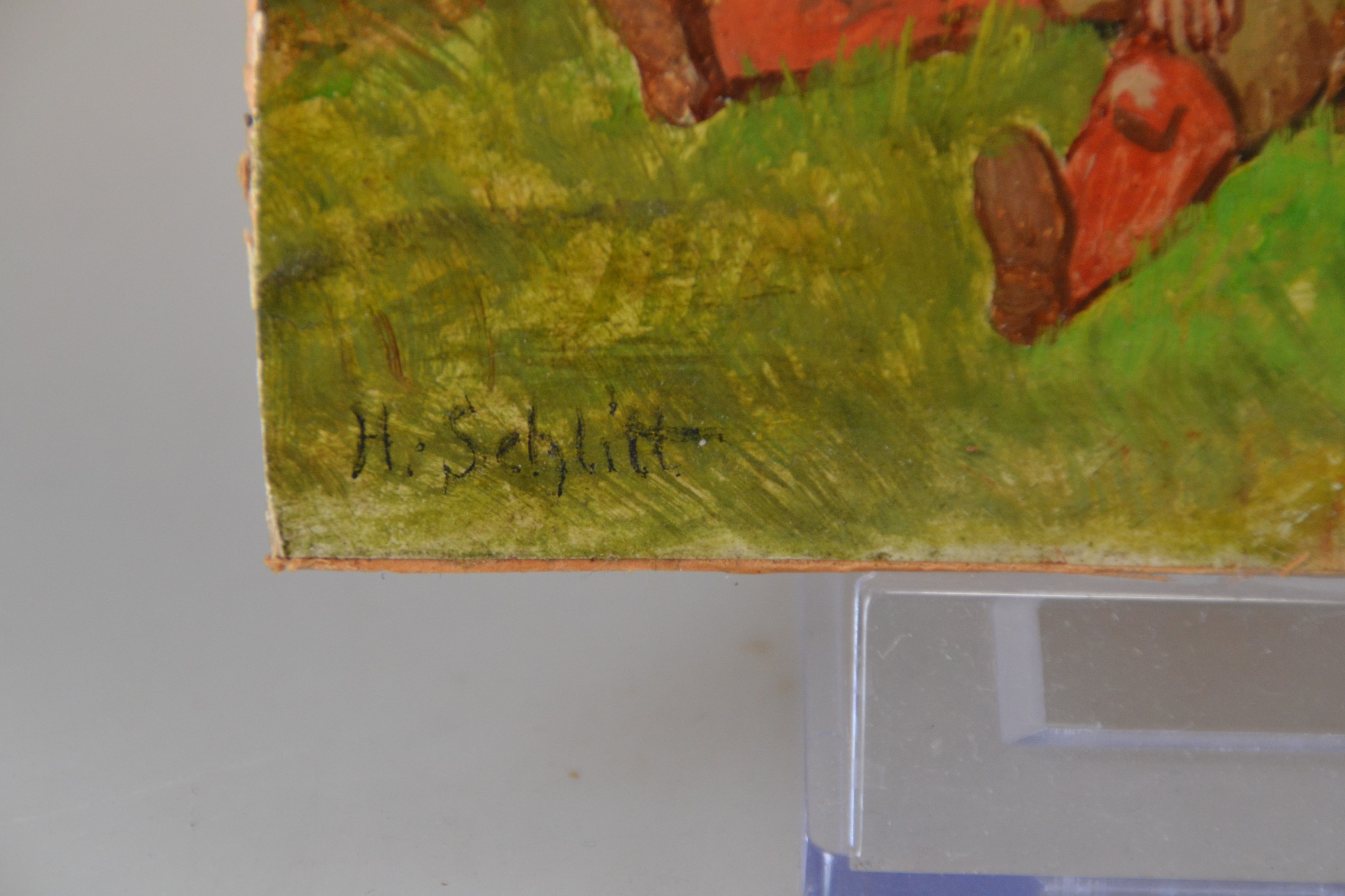 Detail d: Heinrich Schlitt, 1849 Biebrich-1923 München, wohl Studie, ruhender Zwerg unter einem Fliegenpilz, Pilzschirm mit Eidechse, links unten signiert, ...