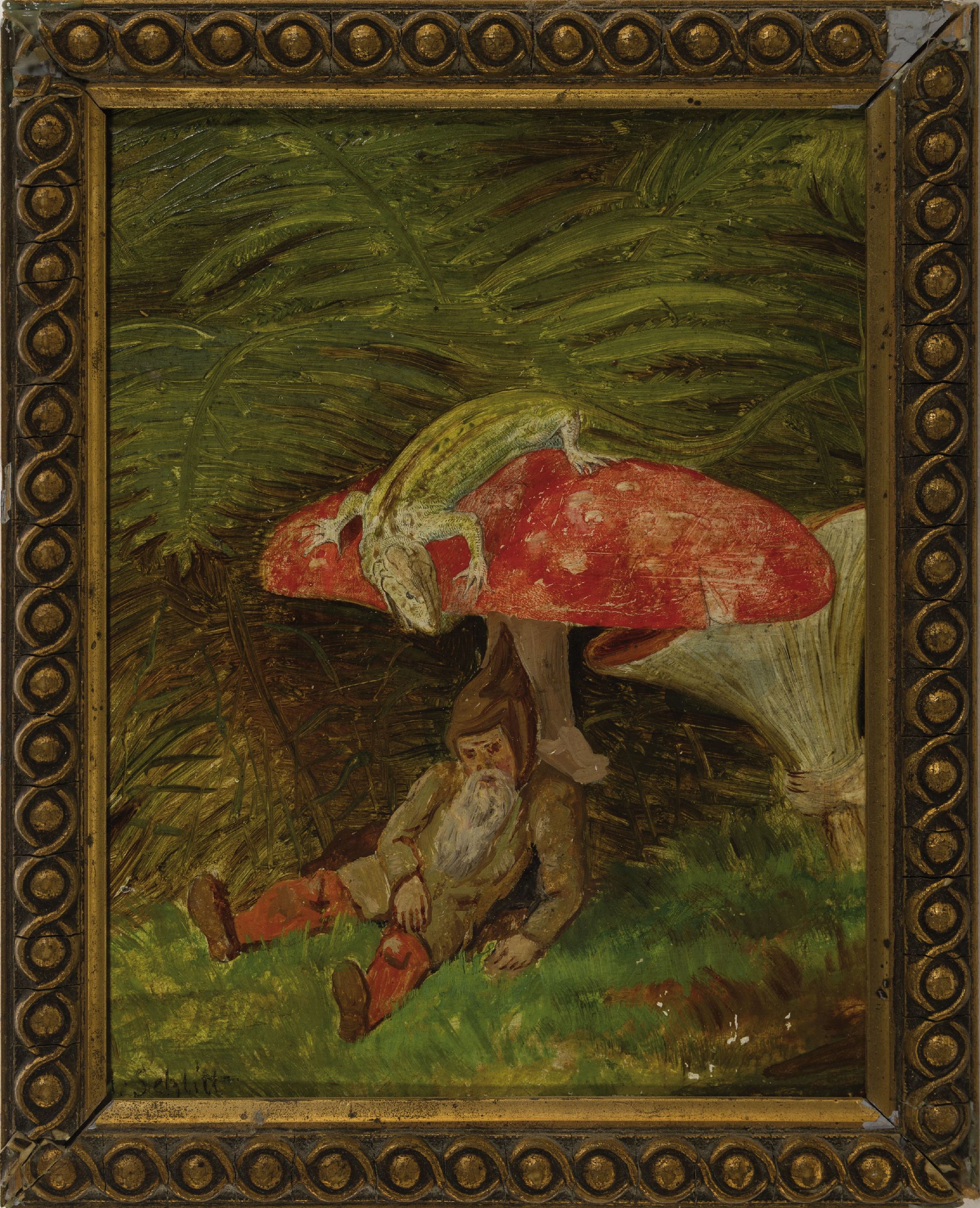 Detail k: Heinrich Schlitt, 1849 Biebrich-1923 München, wohl Studie, ruhender Zwerg unter einem Fliegenpilz, Pilzschirm mit Eidechse, links unten signiert, ...