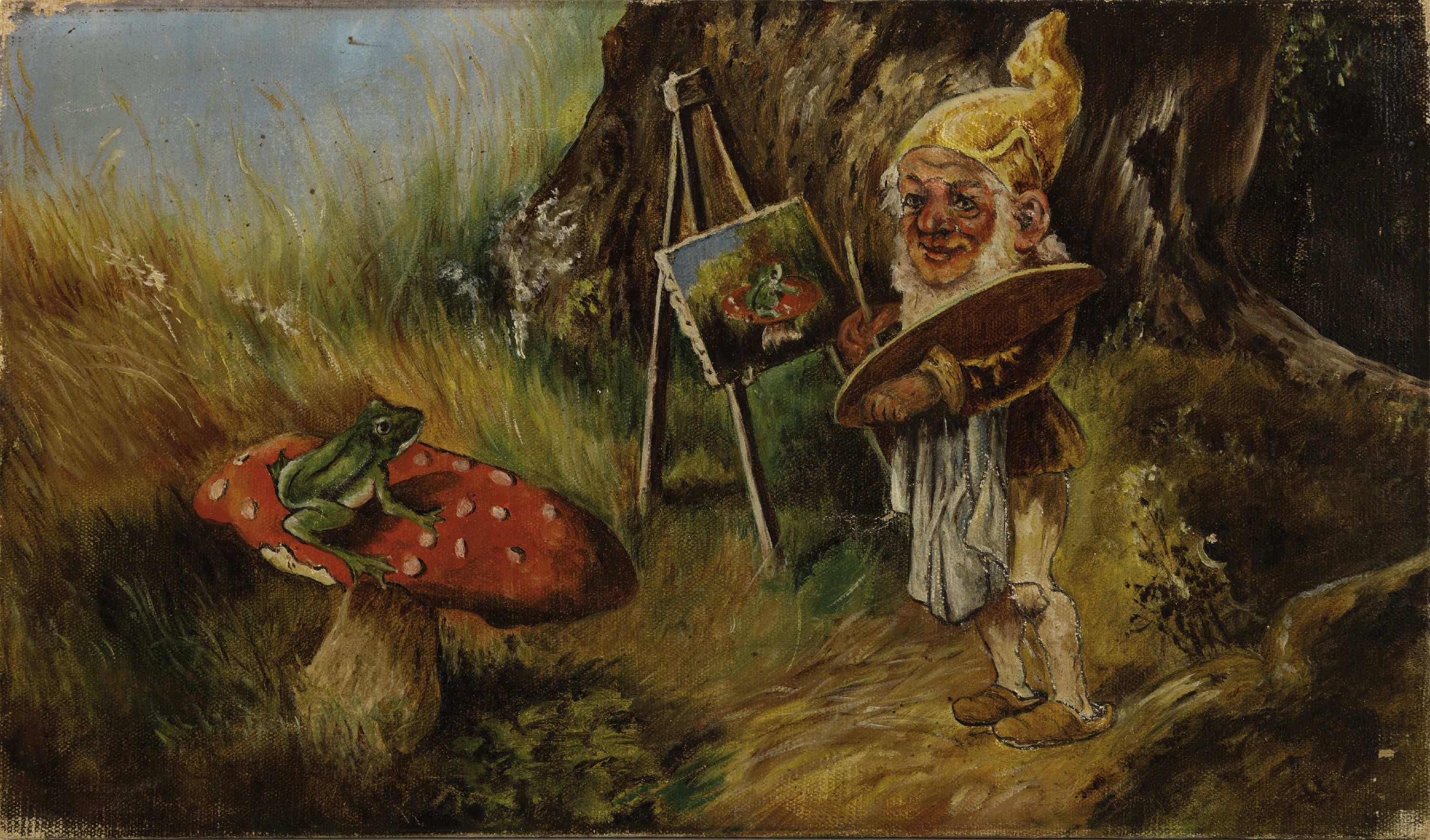 Detail k: Nachfolge Heinrich Schlitt (1849-1923), Zwerg an Staffelei einen Frosch auf einem Fliegenpilz malend, unsigniert, Öl/Lwd, ungerahmt 20x34 cm
